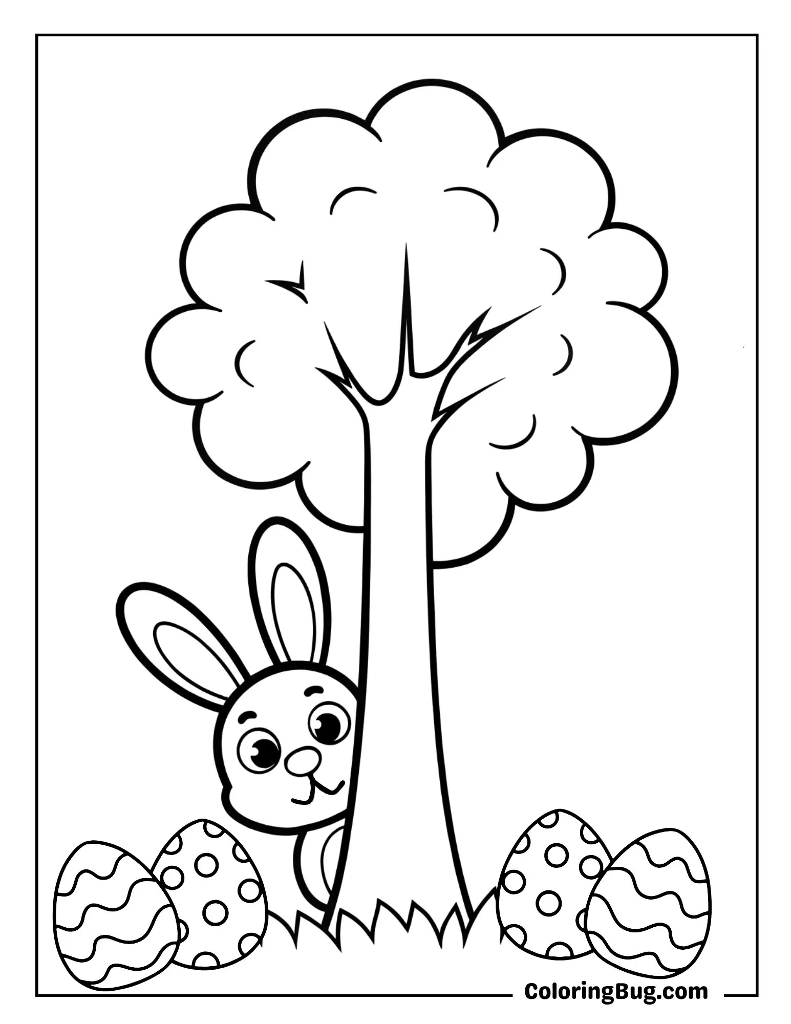 Easter Bunny Peeking Out From Behind a Tree Coloring Sheet