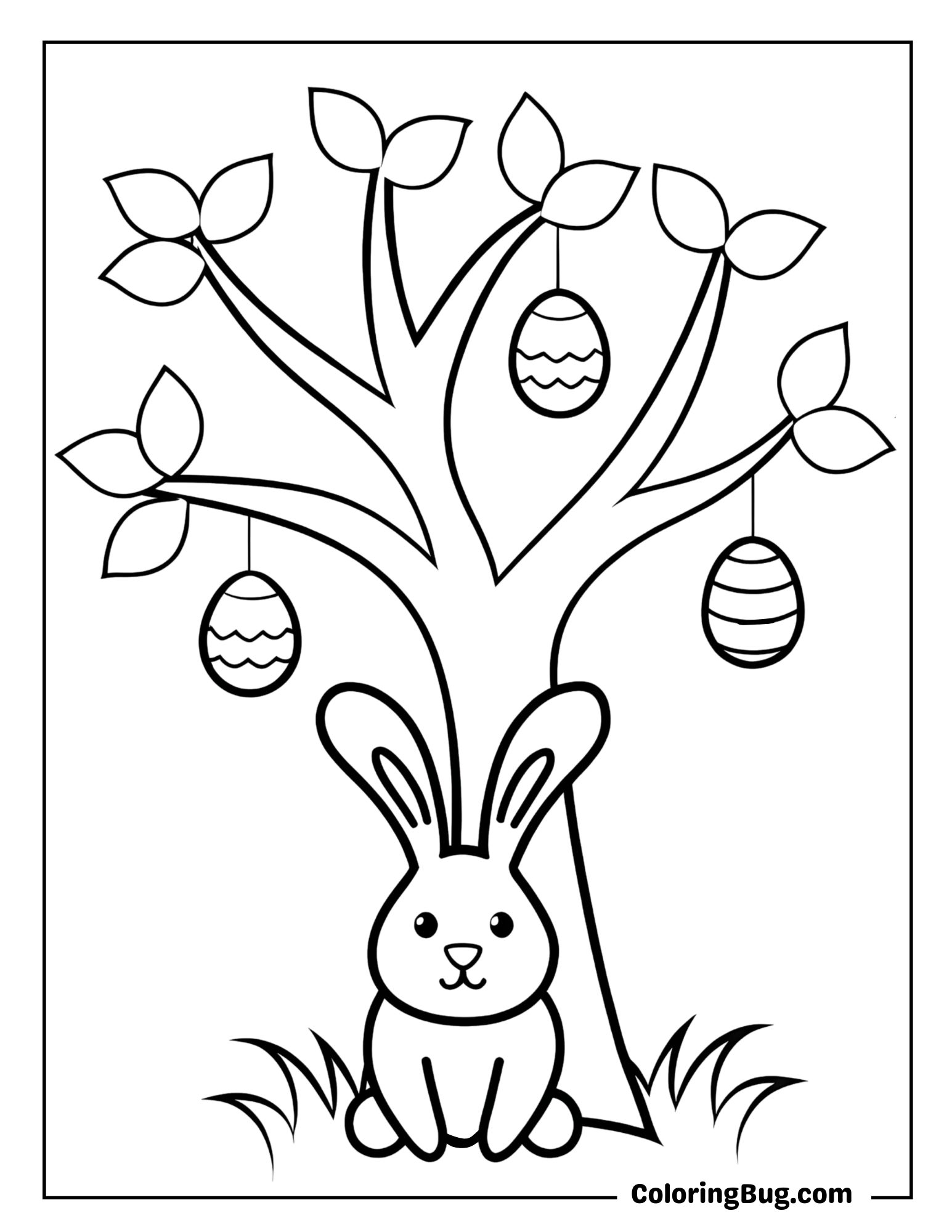 Easter Bunny Sitting Under a Tree Decorated With Easter Eggs Coloring Sheet