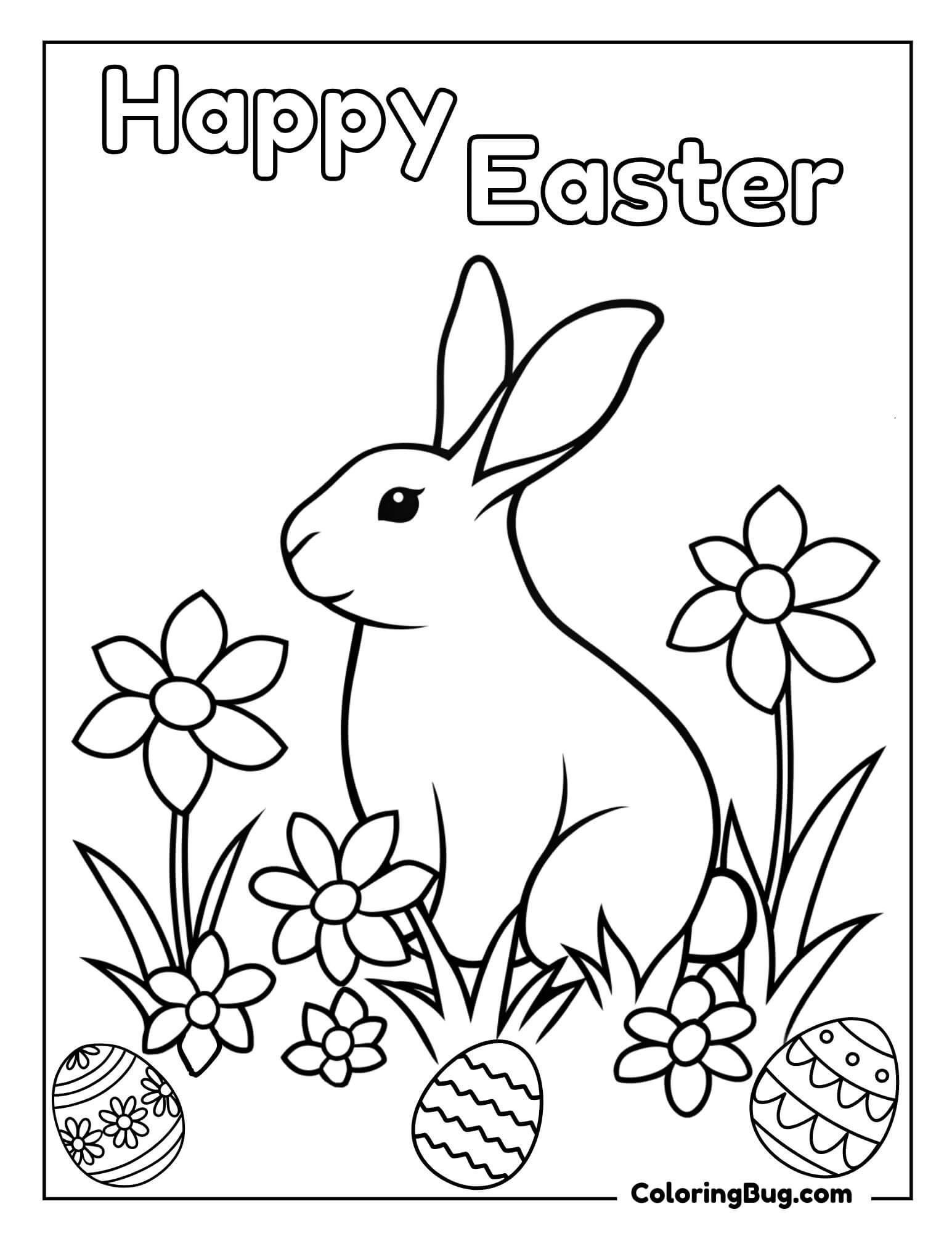 Easter Bunny Surrounded By Spring Flowers Coloring Sheet