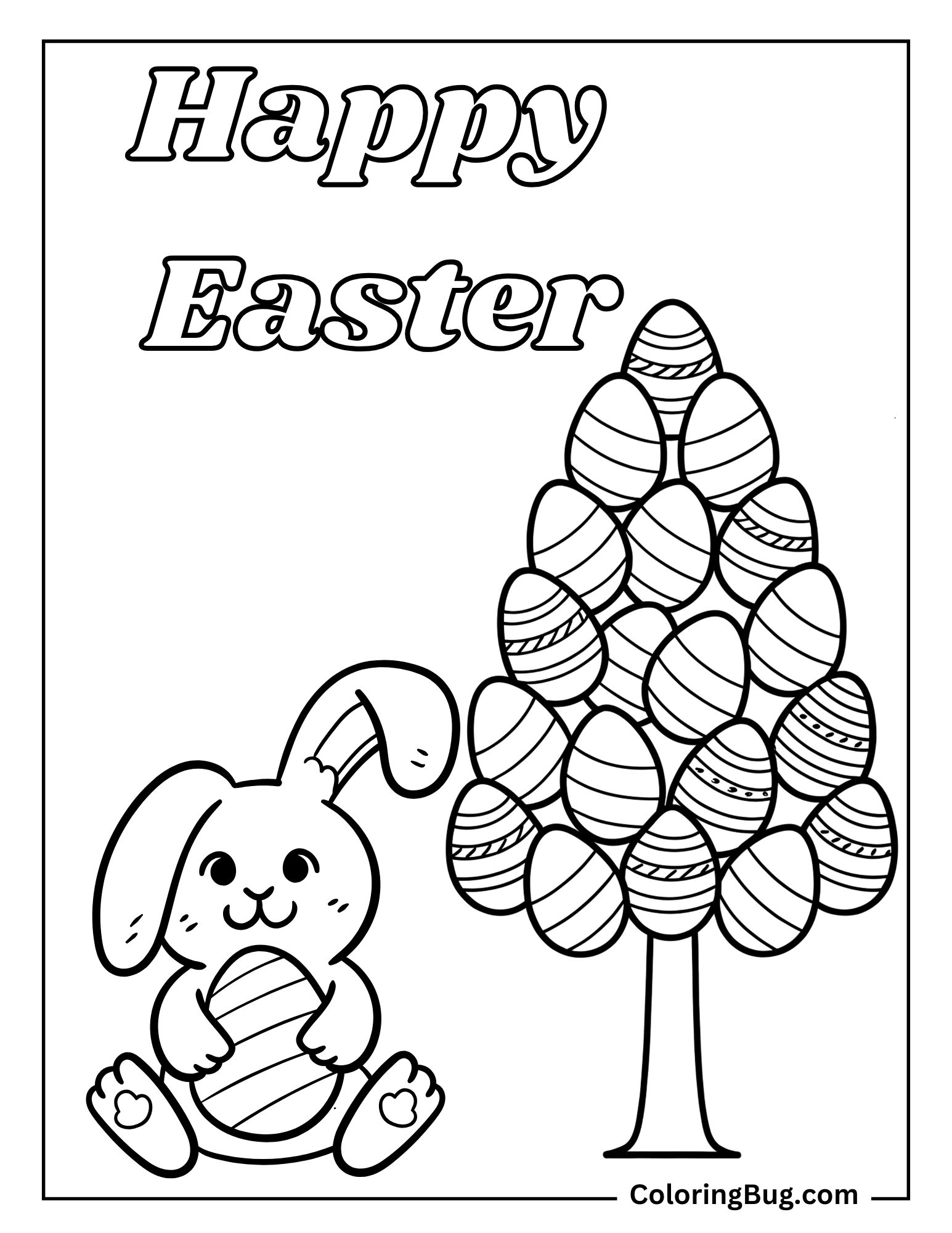 Easter Bunny With Easter Eggs Tree Coloring Sheet