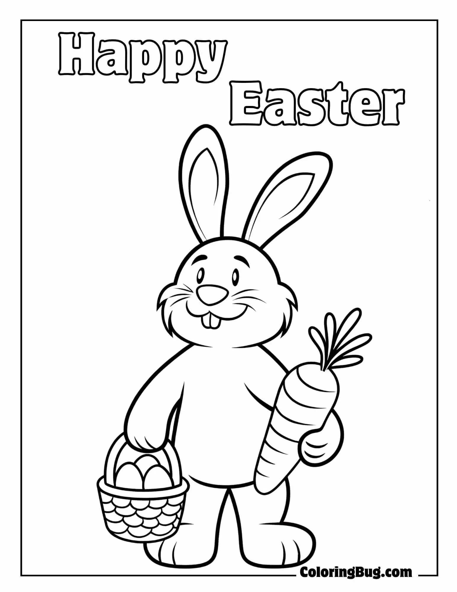 Easter Bunny With a Carrot And Basket Of Eggs In Hand Coloring Sheet