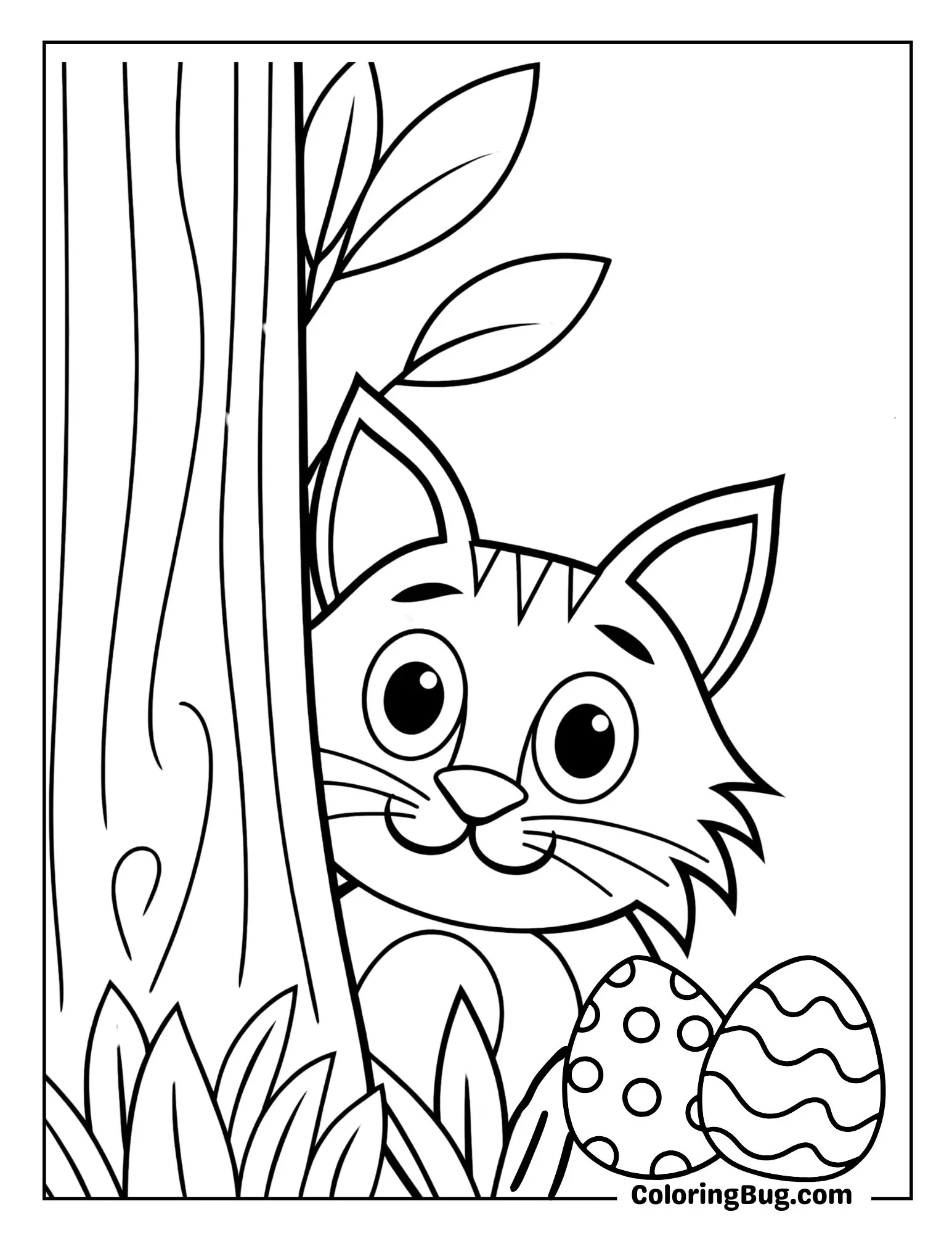 Easter Cat Peeking Out From Behind a Tree Coloring Sheet