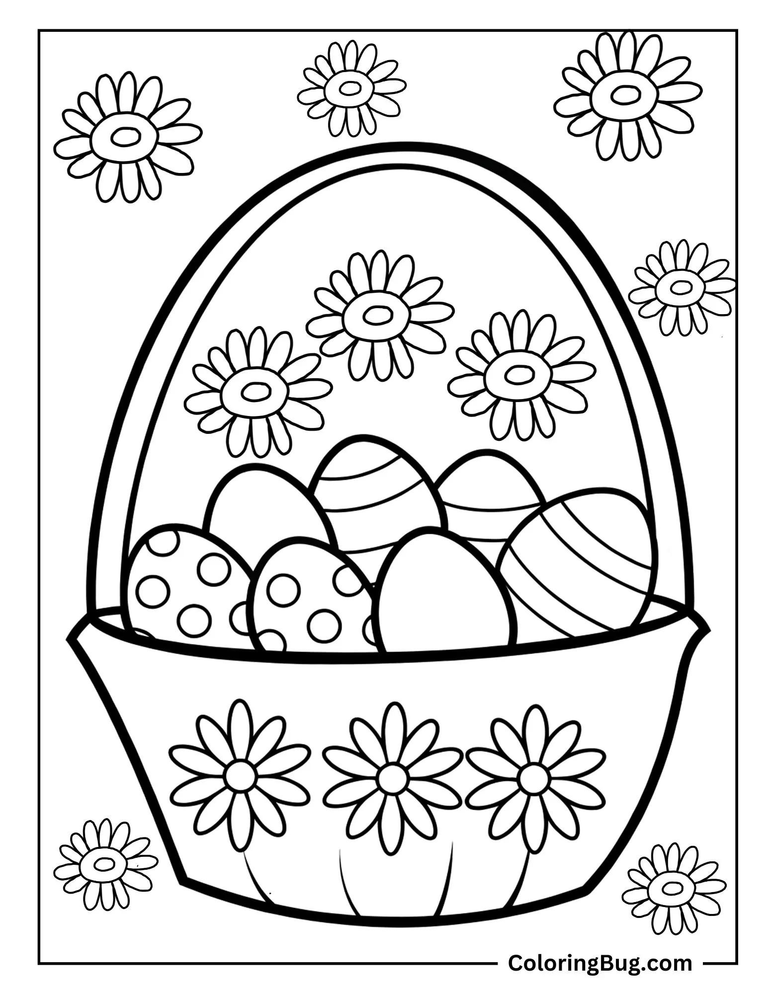 Easter Eggs in Basket With Flowers Coloring Sheet