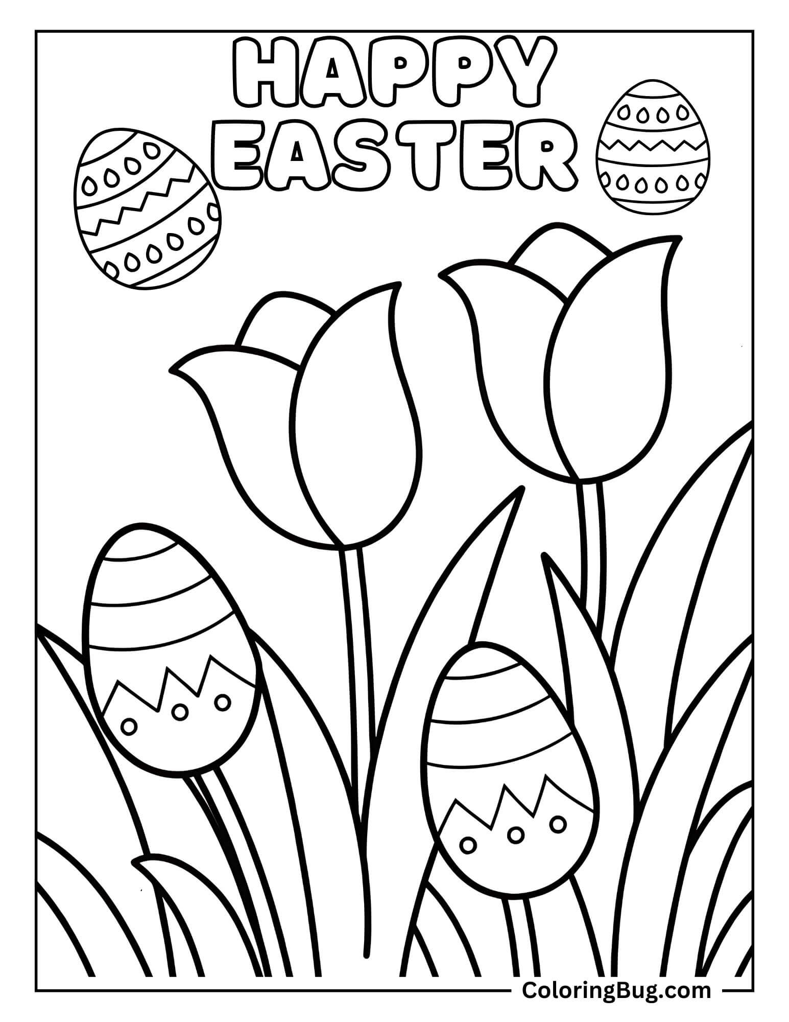 Easter Eggs in The Field of Tulips Coloring Sheet