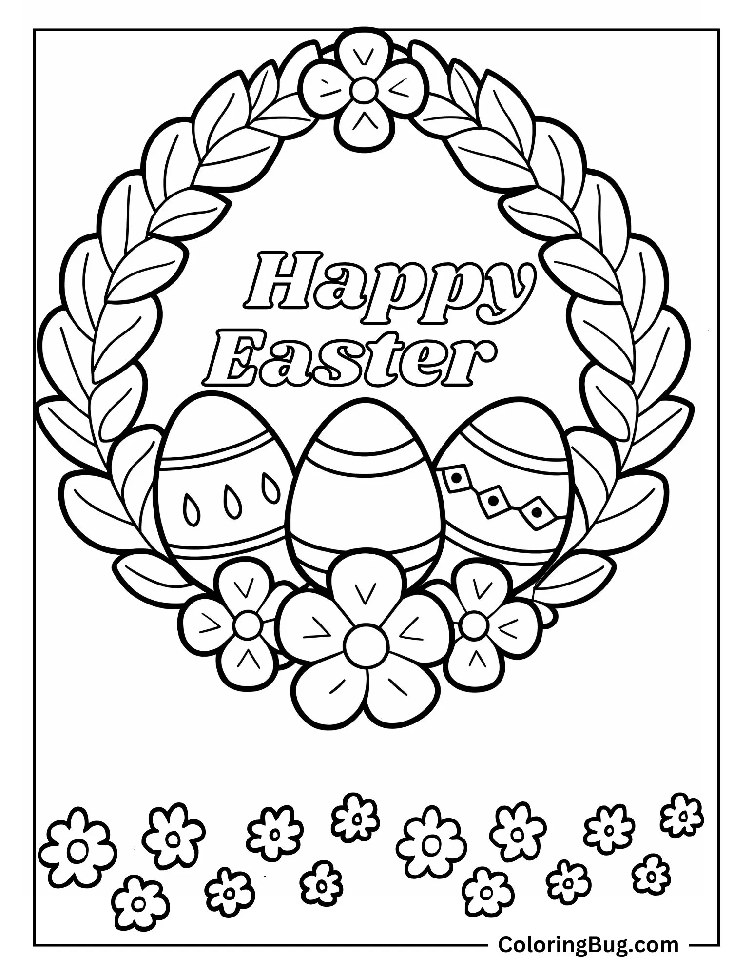 Easter Wreath With Easter Eggs And Flowers Coloring Sheet