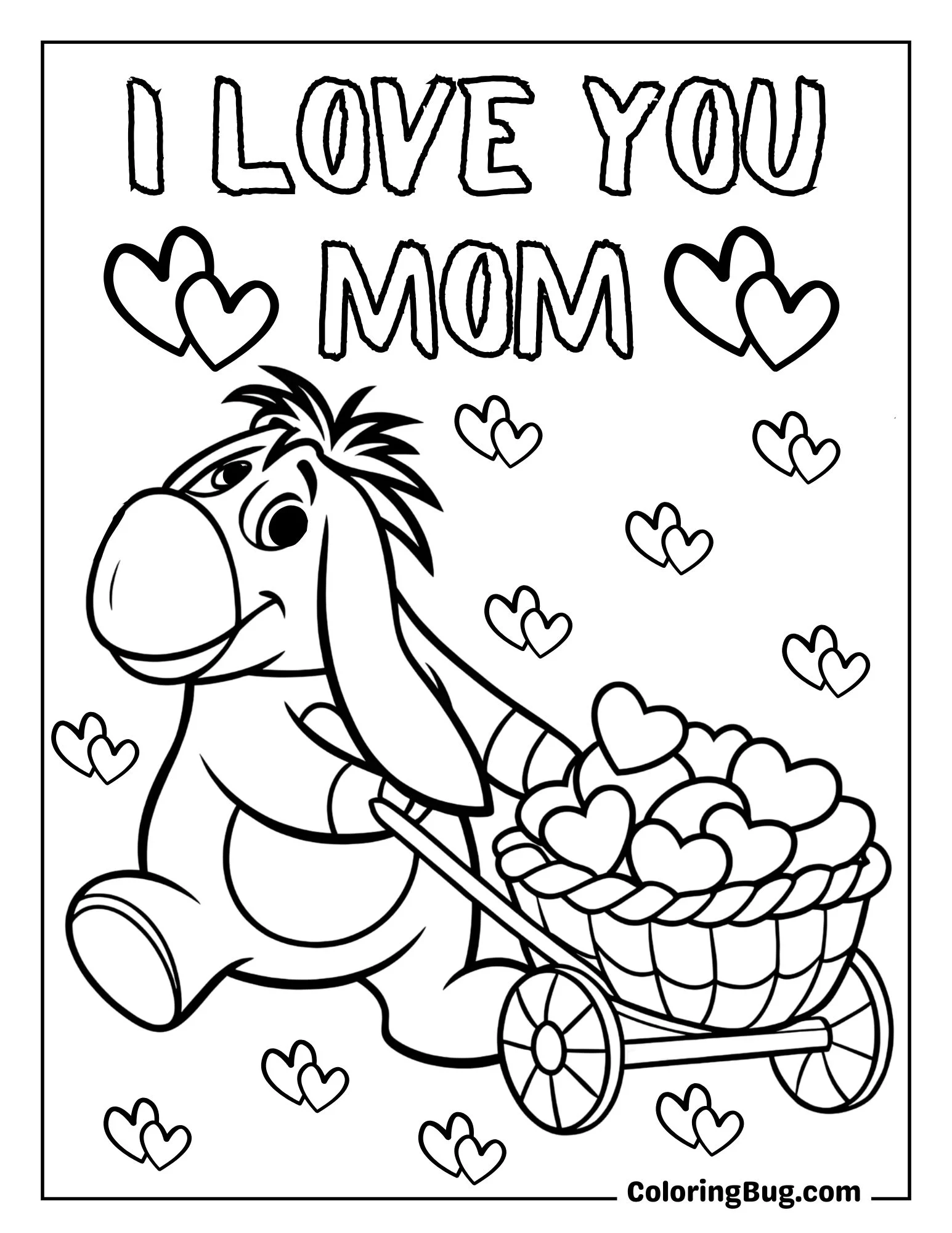 Eeyore Pushing Cart Full of Hearts Coloring Sheet