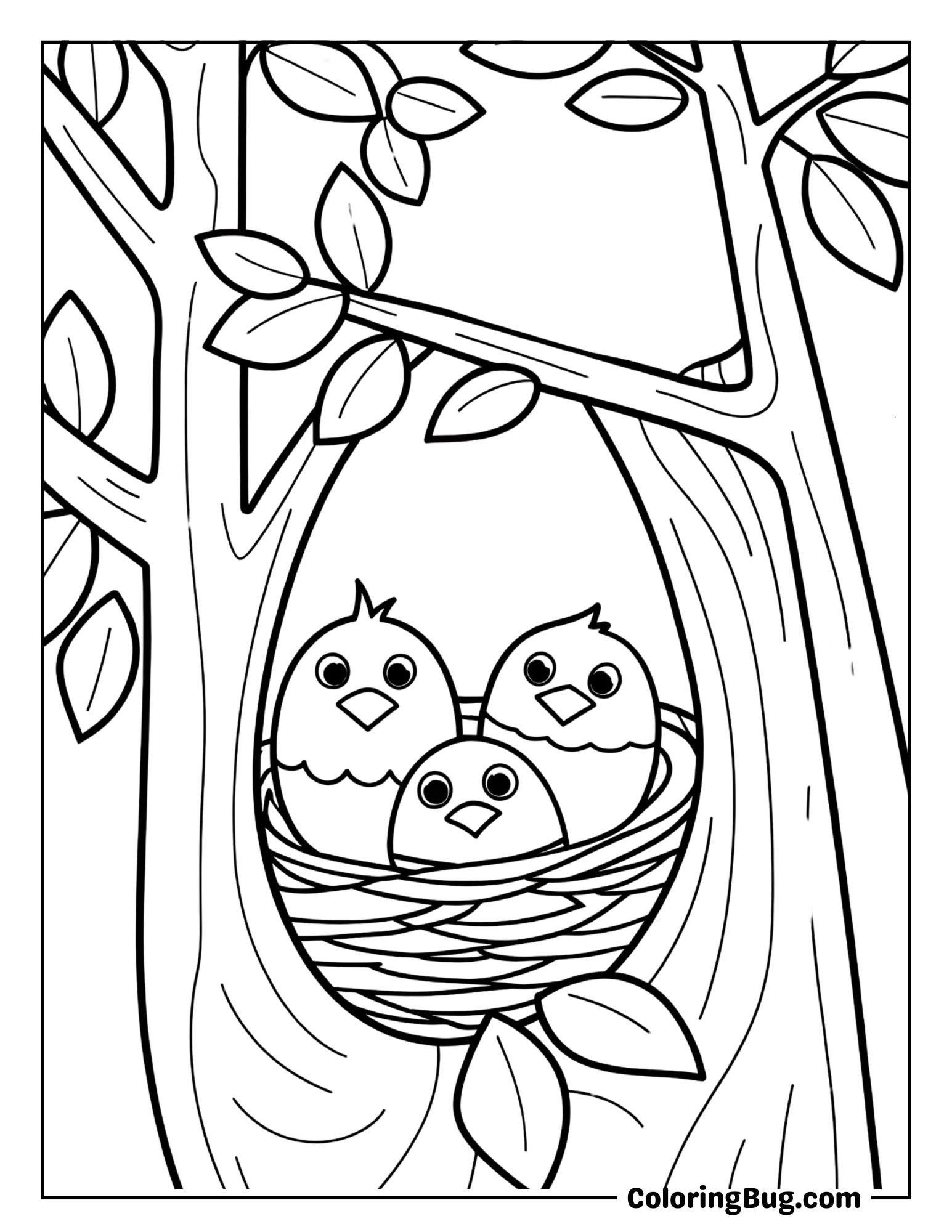 Family of Birds Nesting in a Tree Coloring Sheet