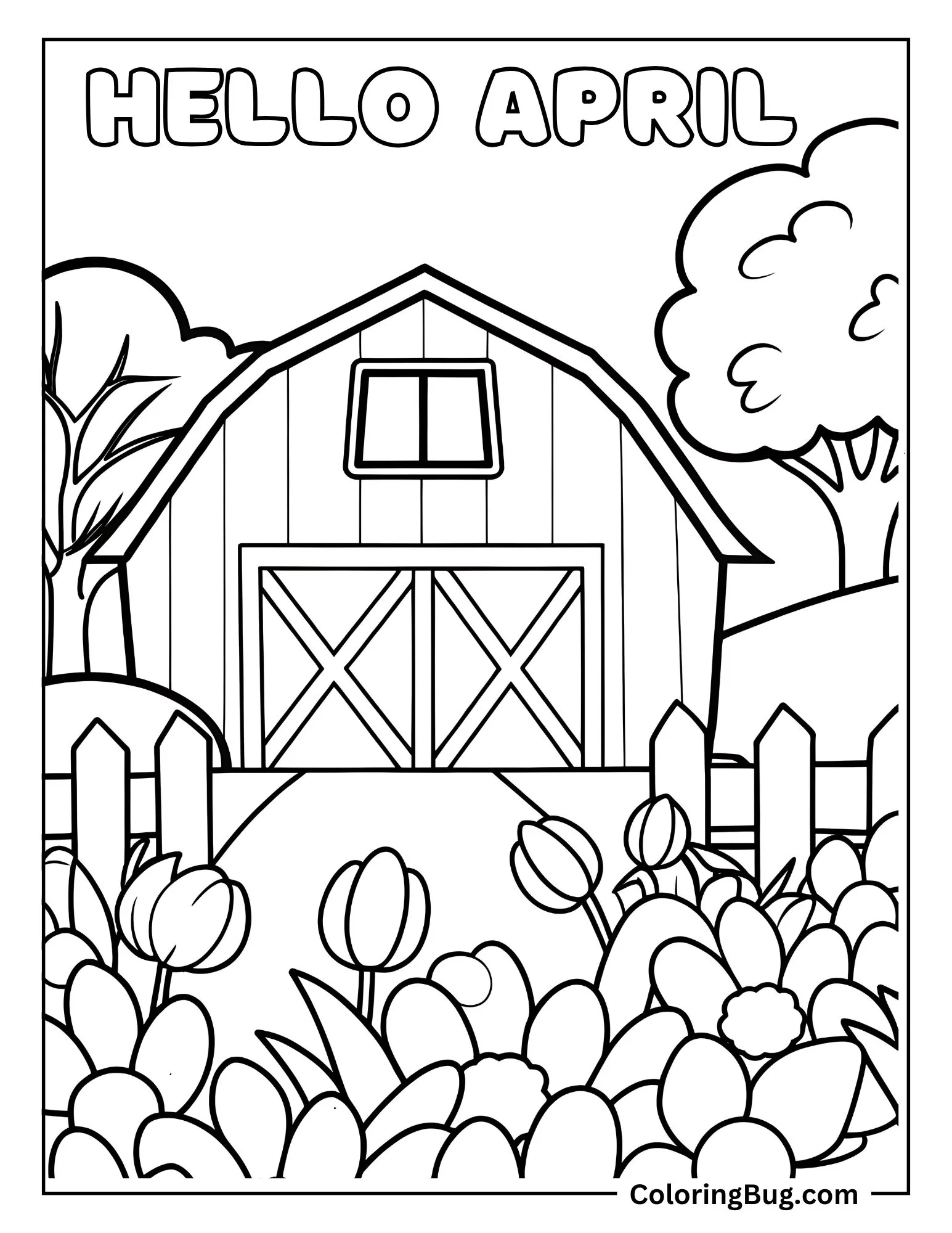Flowers Blooming In Front of Barn With Text Hello April Coloring Sheet