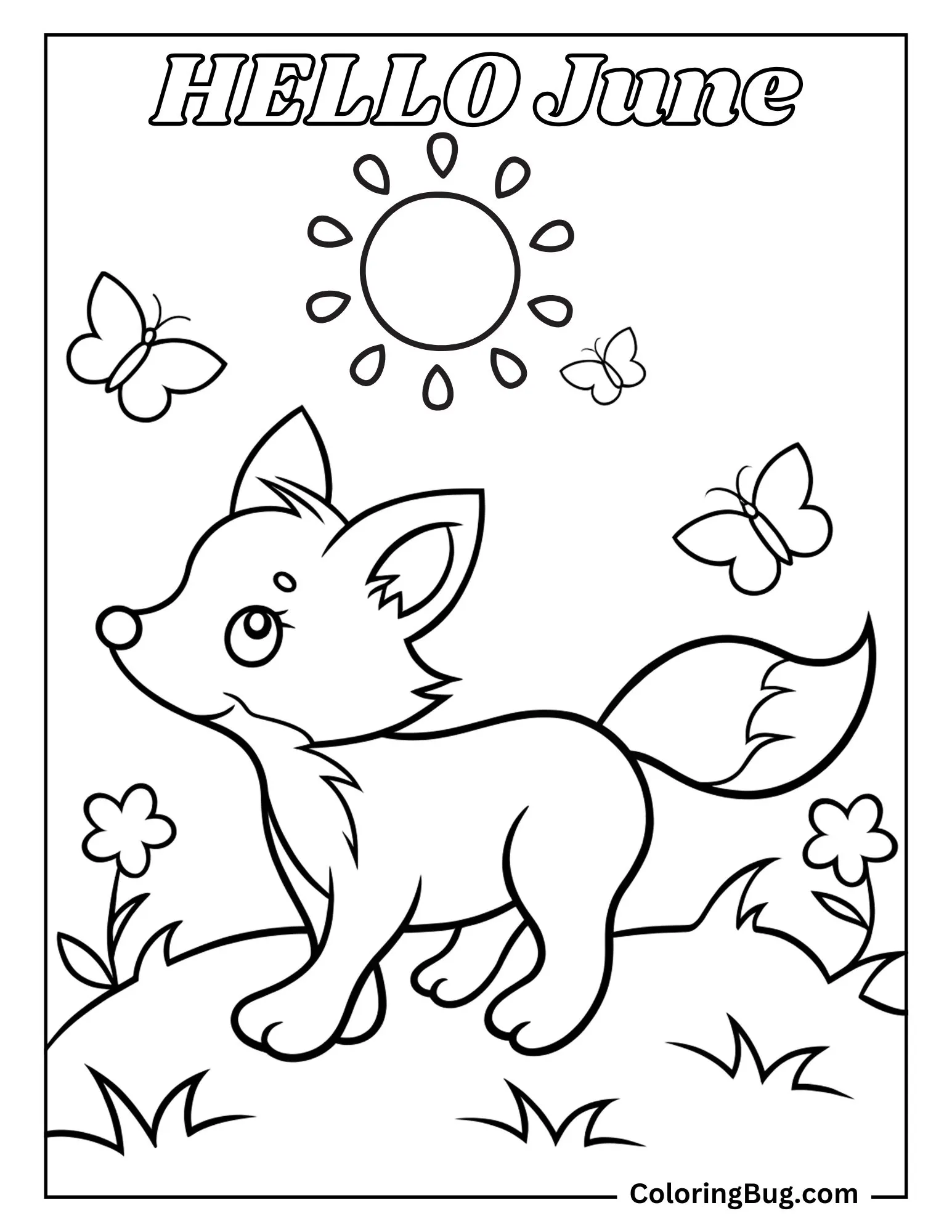 Fox Chasing Butterflies in June Field With the Sun Shining Brightly Coloring sheet