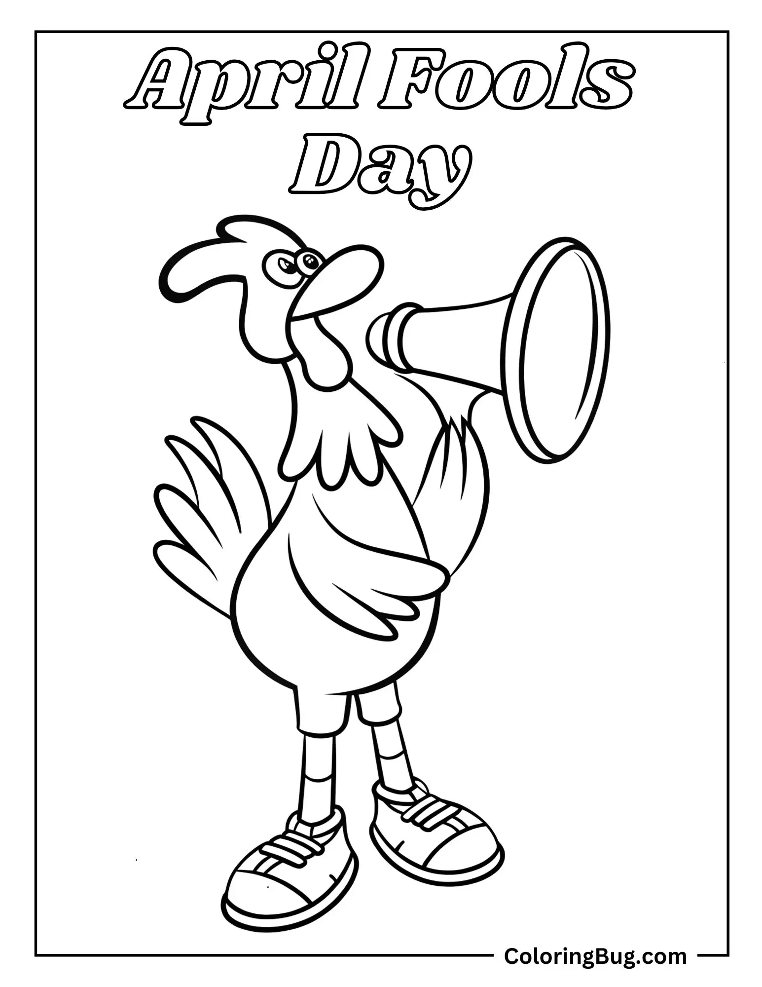 Funny Rooster Wearing Sneakers Honking a Horn on April Fools Day Coloring Sheet