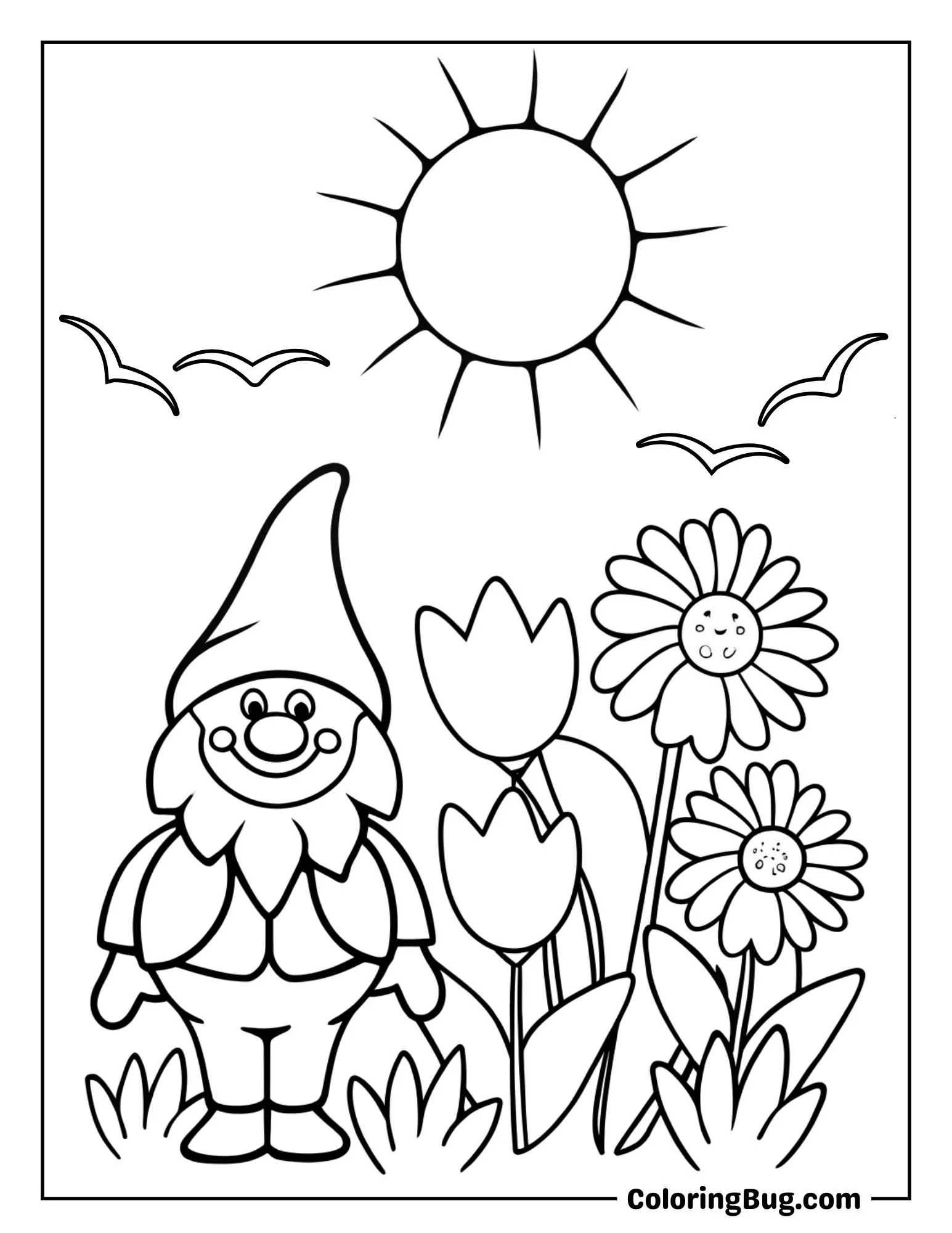 Garden Gnome Standing Among Tulips and Daisies Coloring Sheet