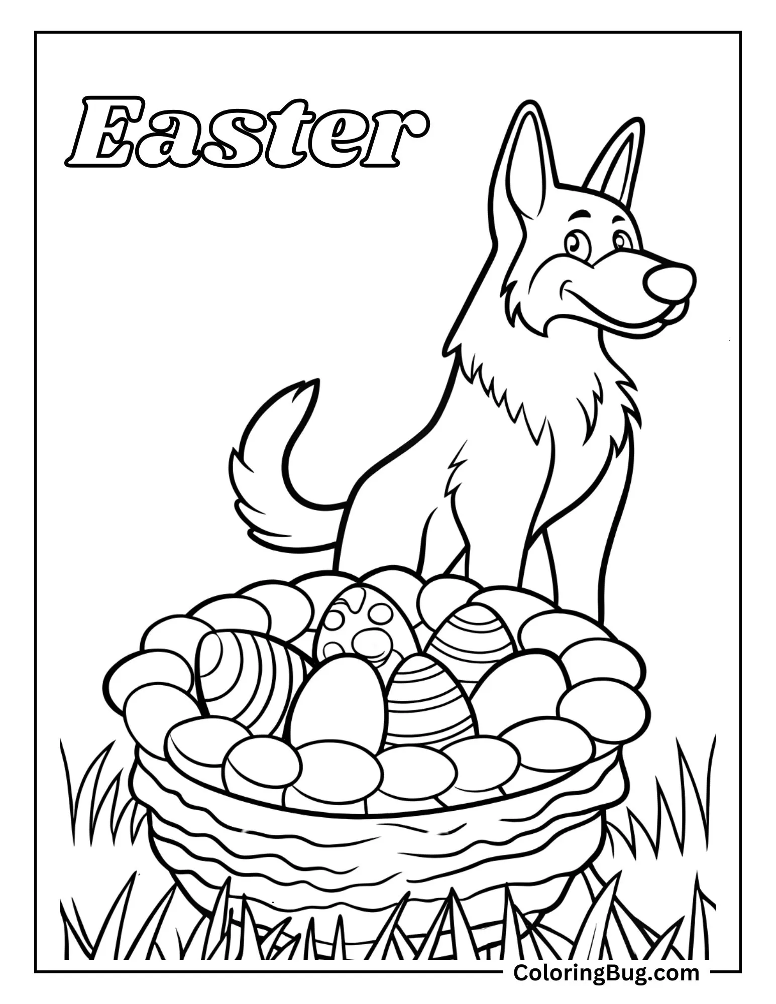 German Shepherd Guarding a Nest of Easter Eggs Coloring Sheet