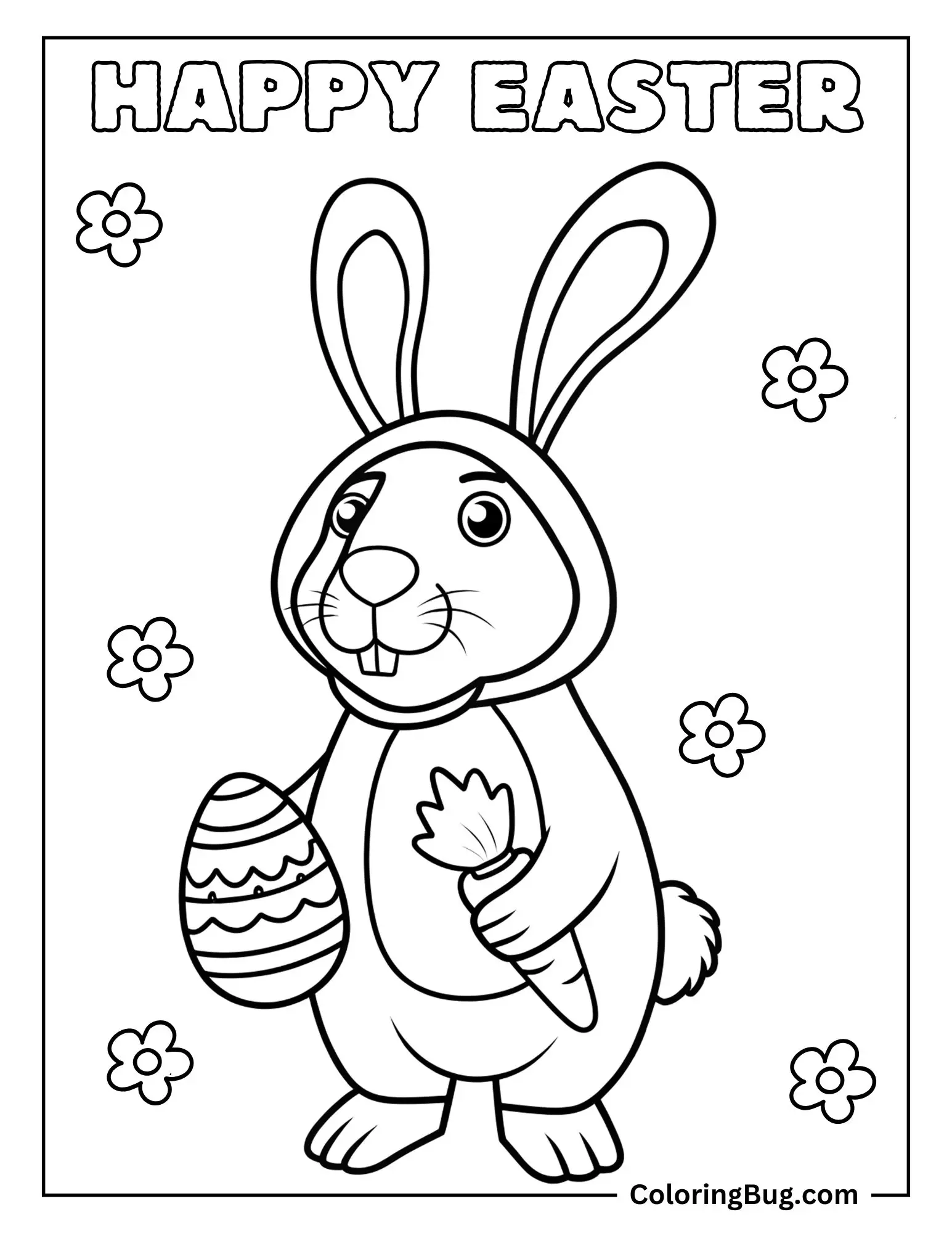 Guinea Pig Dressed as Bunny, Holding Easter Egg and Carrot Coloring Sheet
