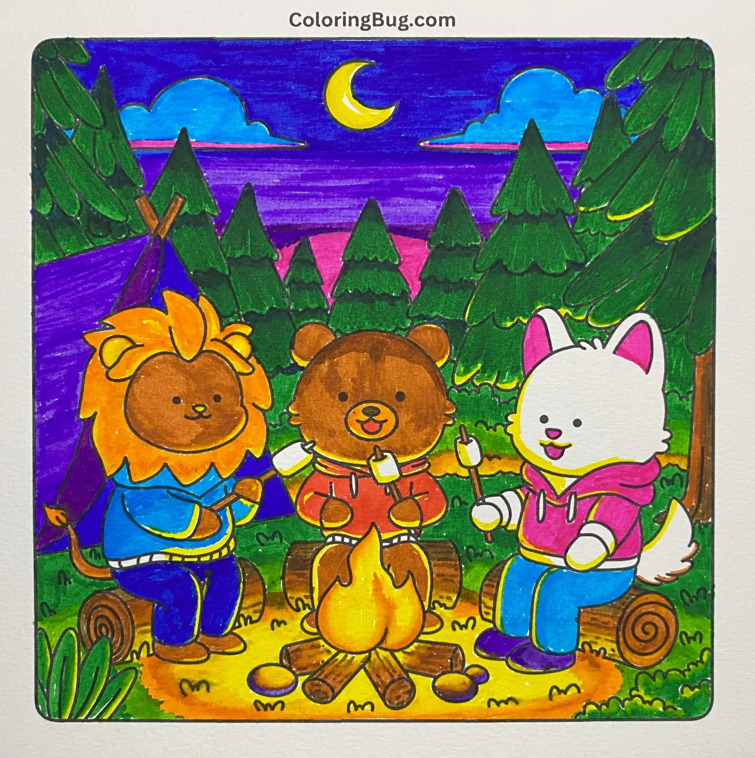 Hand-Drawn Cozy Coloring Page Colored Using Water-based Markers