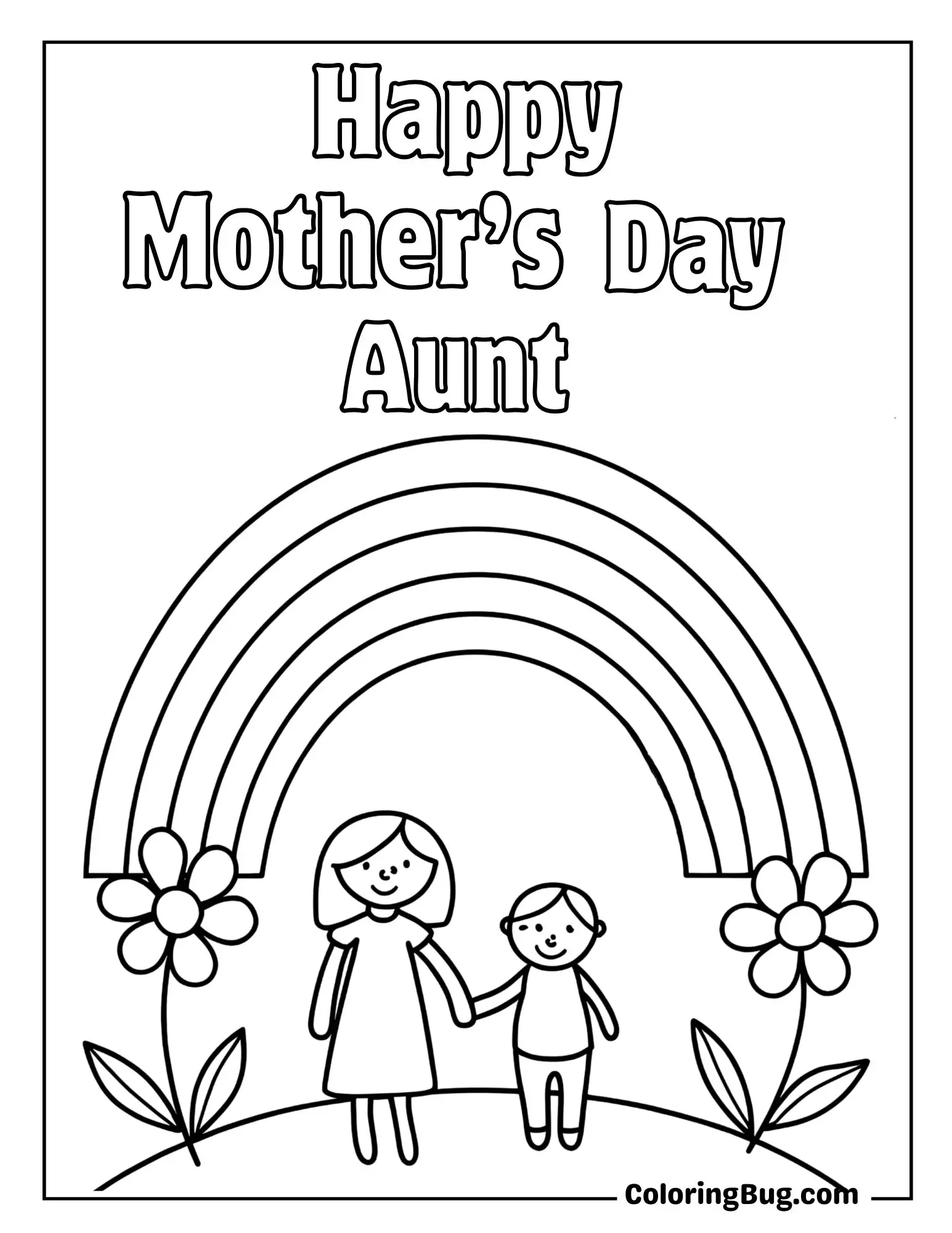 Happy Aunt Holding Her Nephew&rsquo;s Hand Under a Rainbow Coloring Sheet