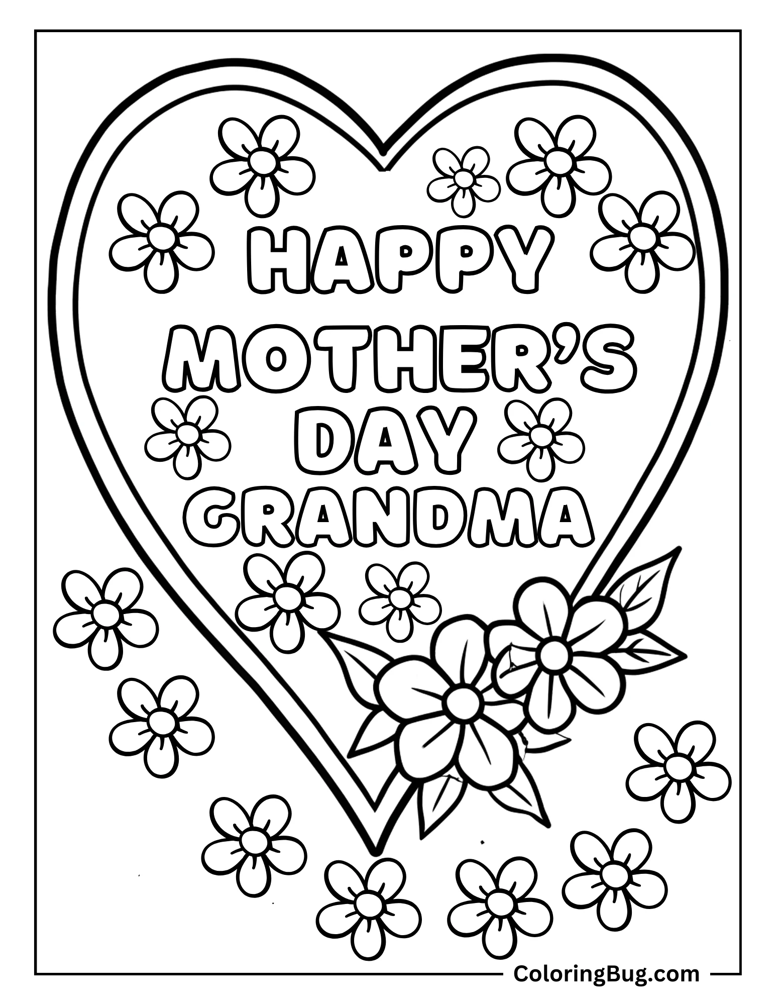 Happy Mother's Day Grandma Inside Heart With Flowers Coloring sheet