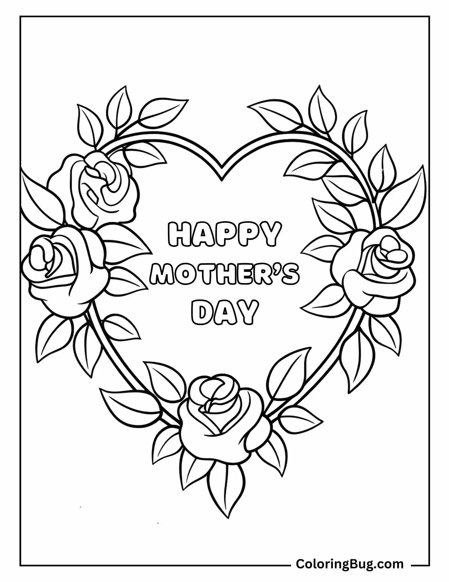 Happy Mother's Day Inside Heart Shaped Roses Coloring sheet