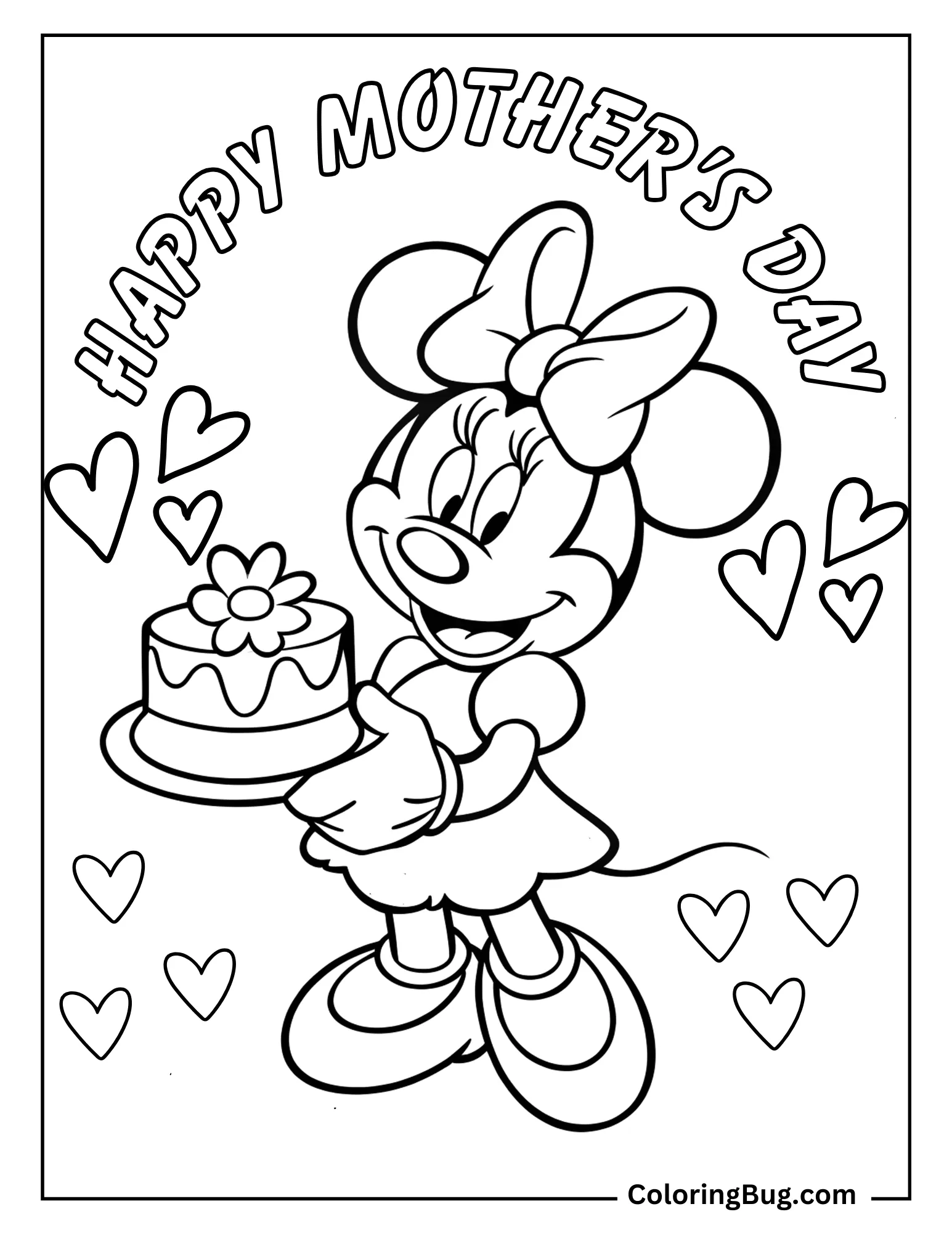 Happy Mother's Day With Minnie Mouse Holding Mother's Day Cake Coloring sheet