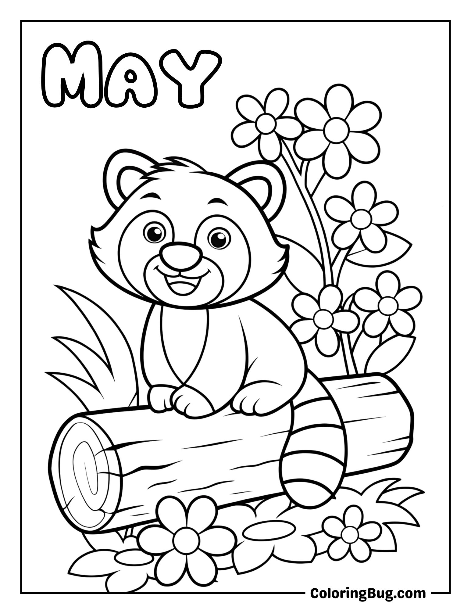 Happy Raccoon Sitting on a Log Surrounded by Spring Flowers Coloring Sheet