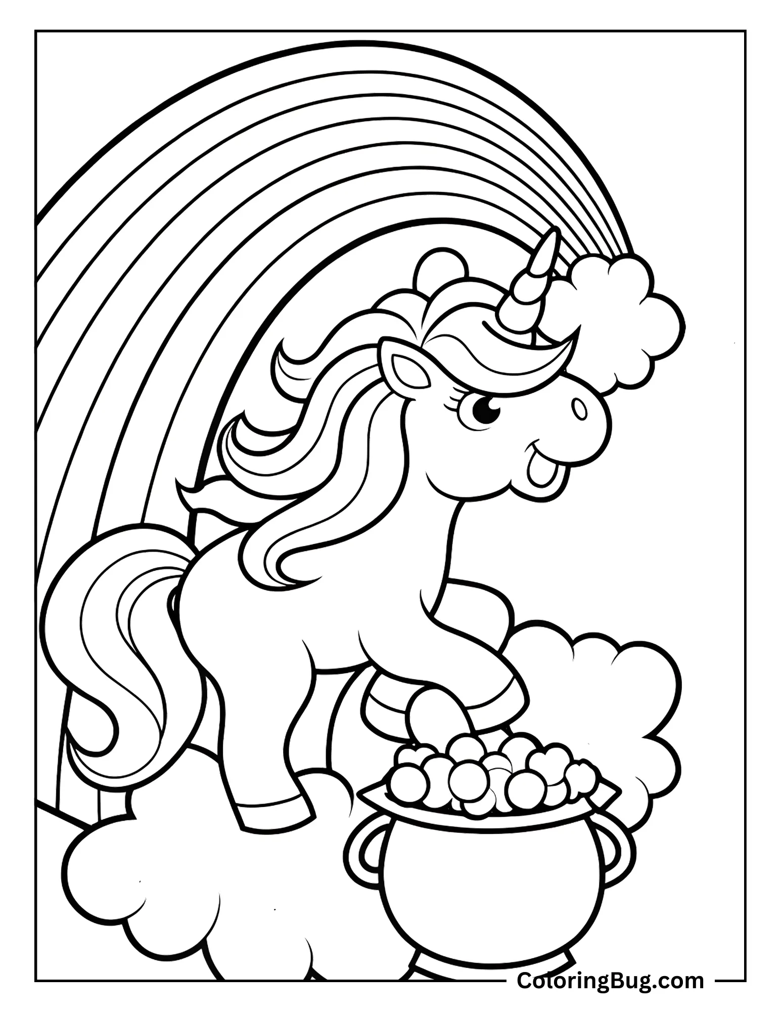 Happy Unicorn With Pot of Gold and Rainbow Above Sky Coloring sheet