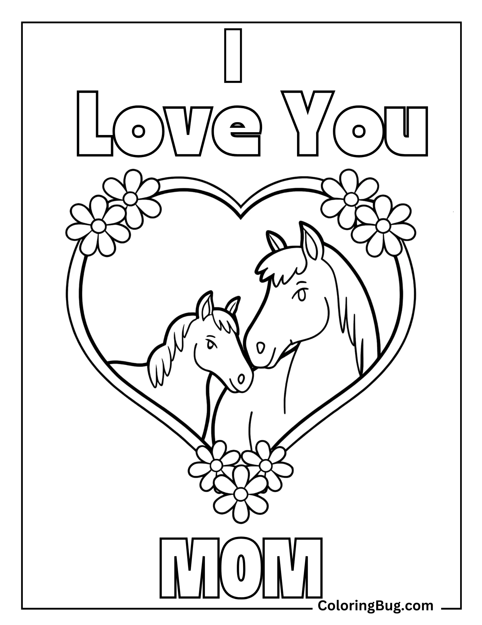 Heart Shaped Frame With a Horse Family Inside Coloring Sheet