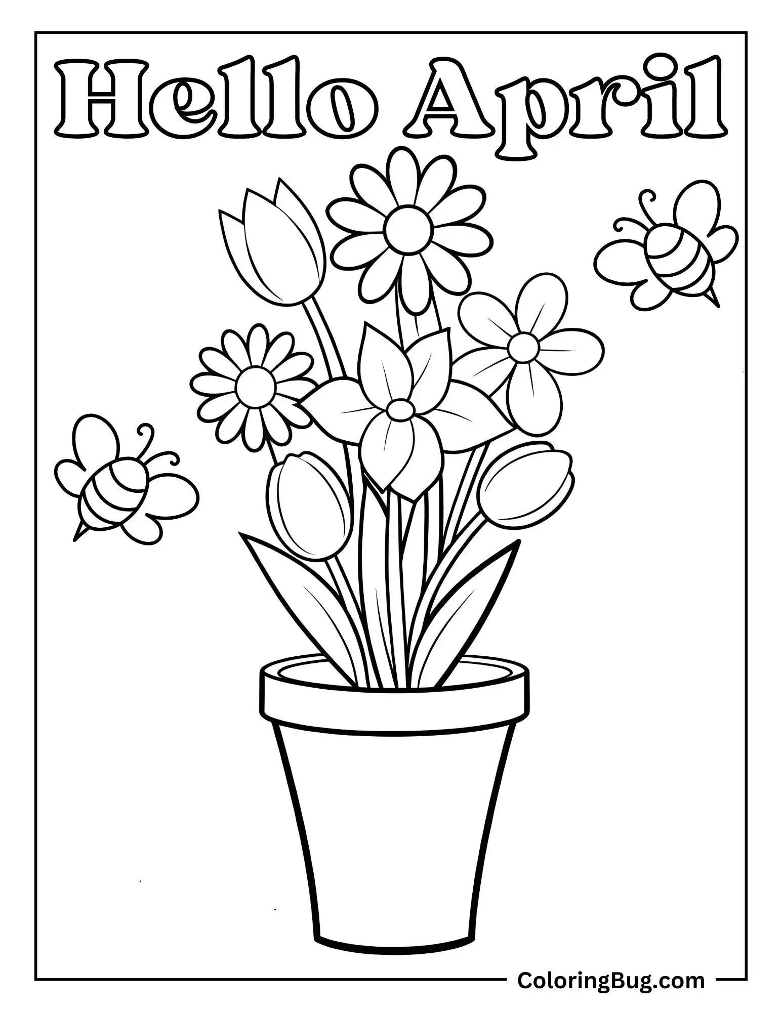 Hello April With Flowers Blooming in Pot Coloring Sheet