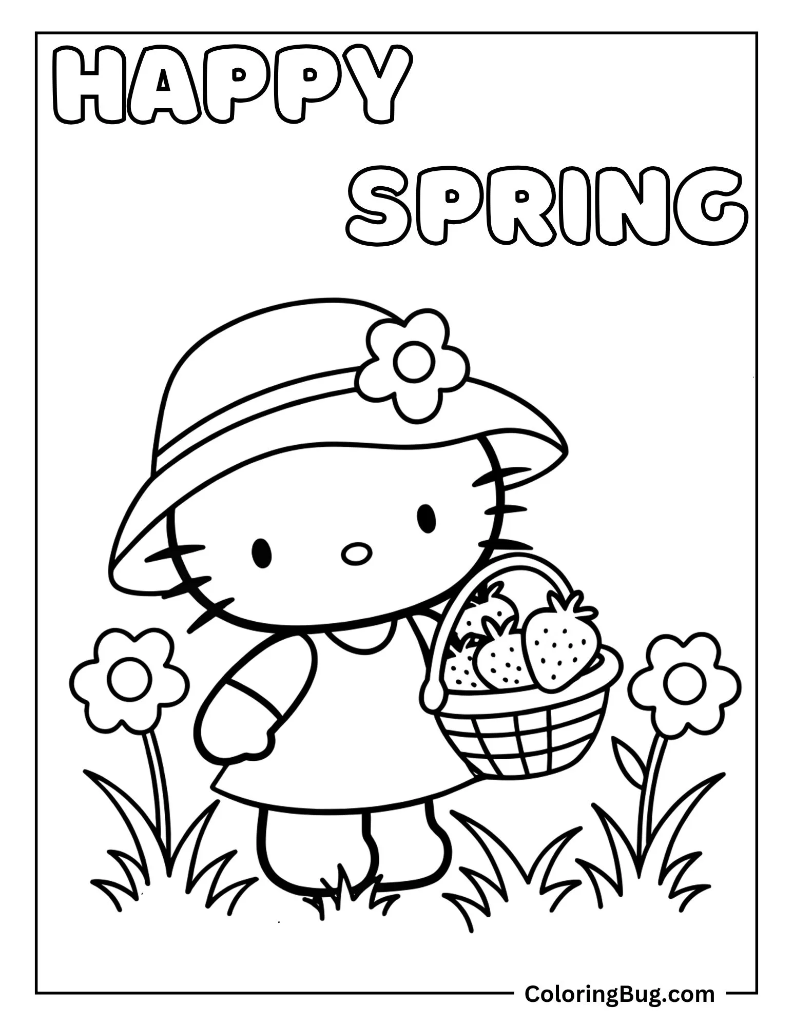 Hello Kitty Holding Basket of Freshly Picked Strawberries Coloring Sheet