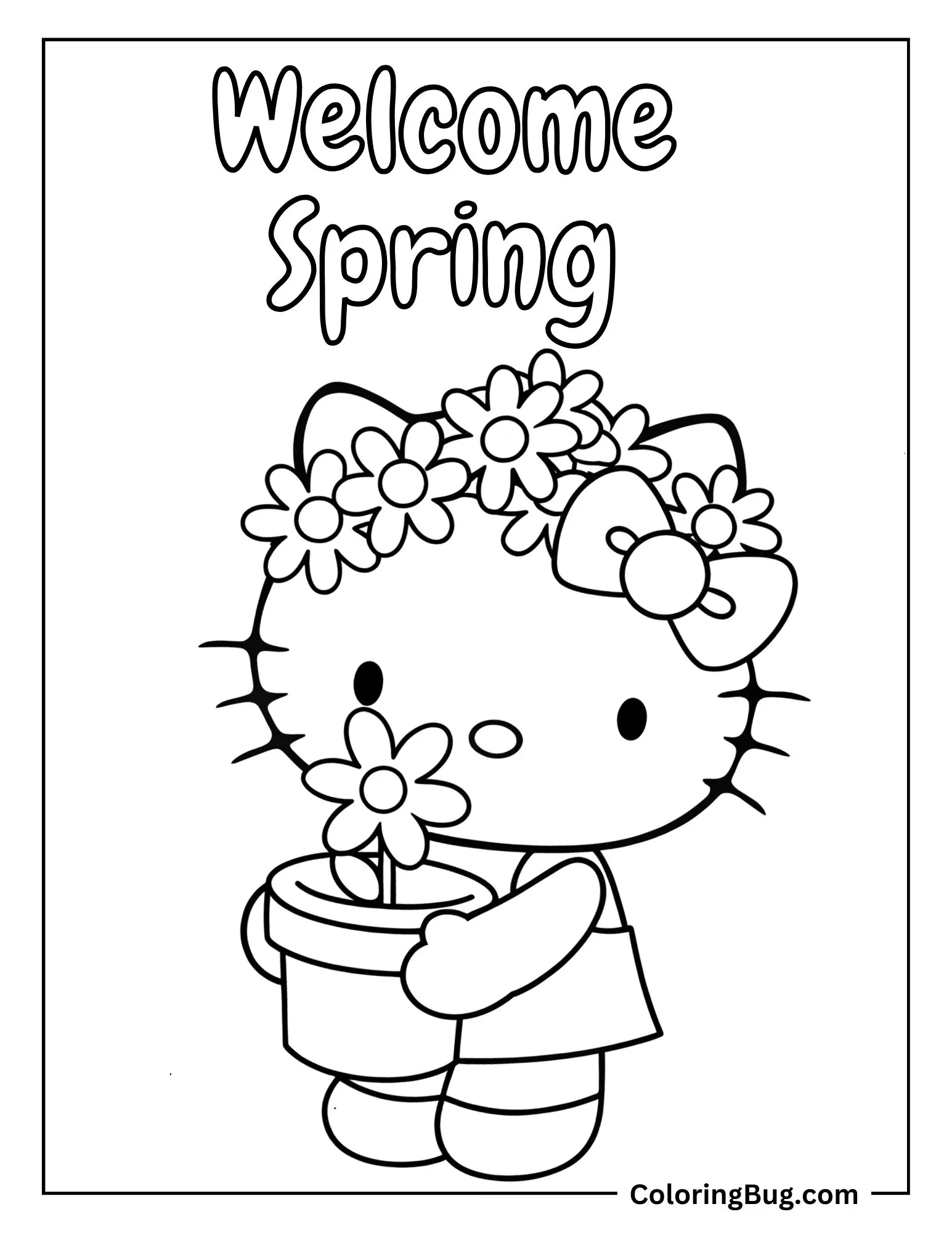 Hello Kitty Holding Blooming Flower Pot Coloring Sheet