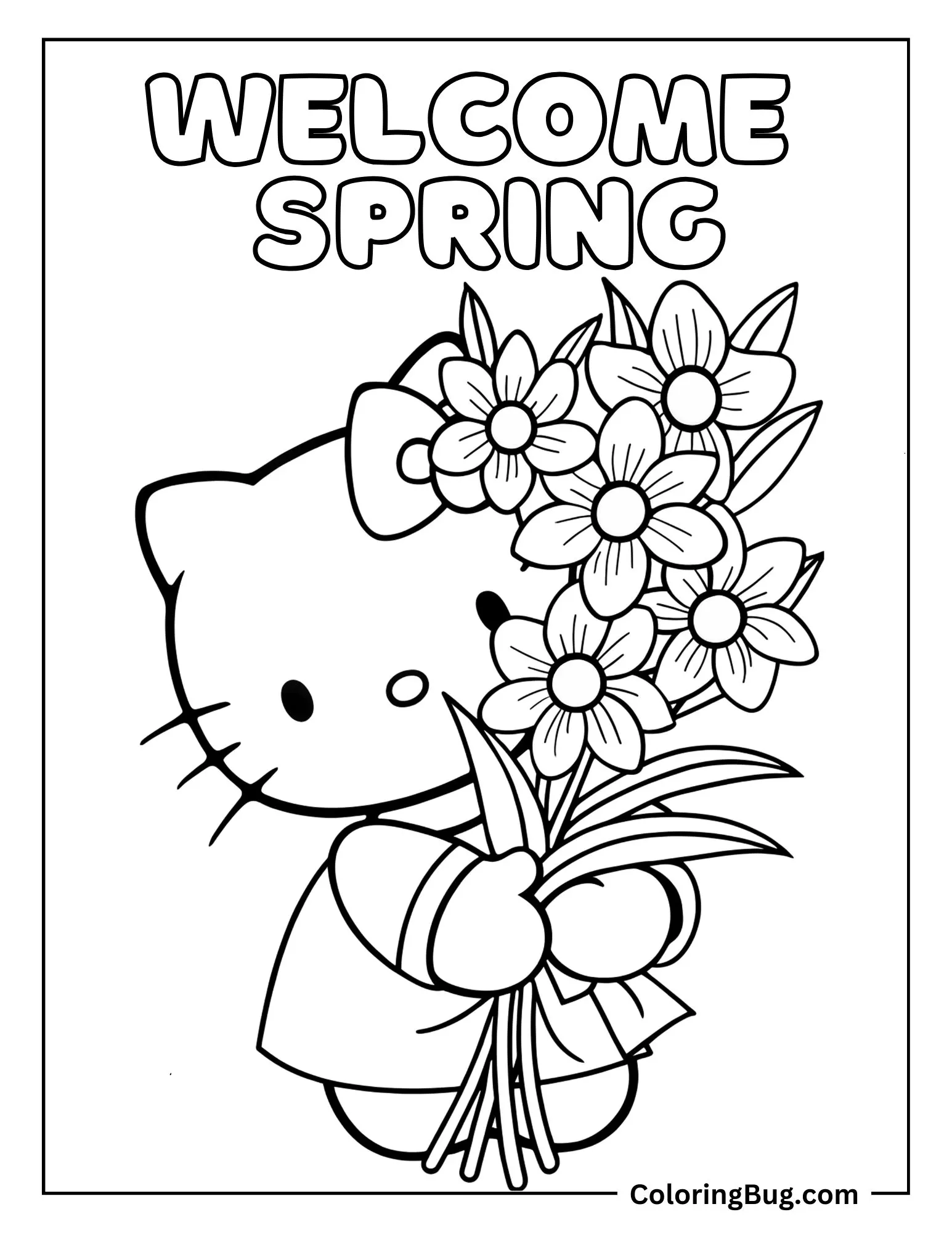 Hello Kitty Holding Bouquet of Daffodils Coloring Sheet