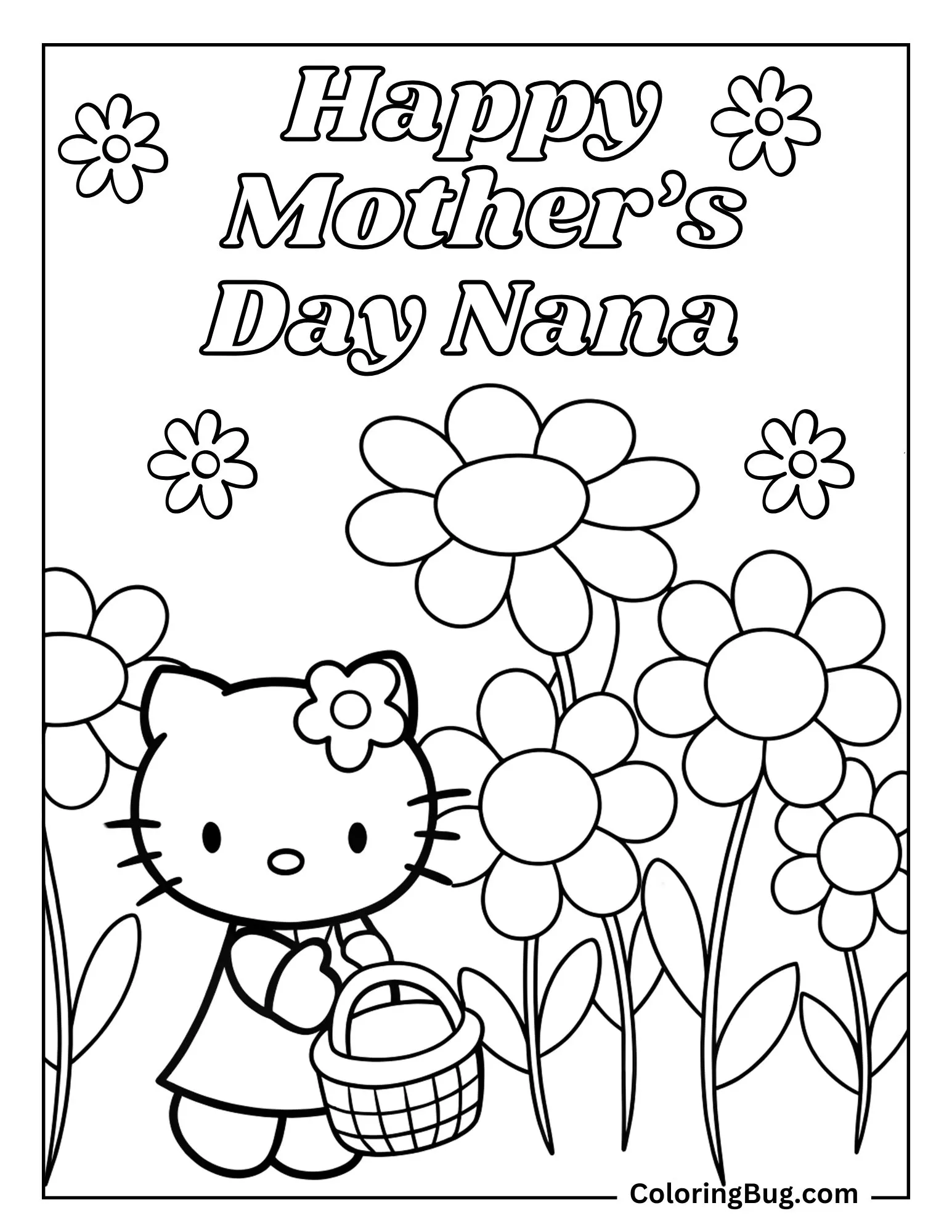 Hello Kitty Picking Flowers For Nana Coloring Sheet