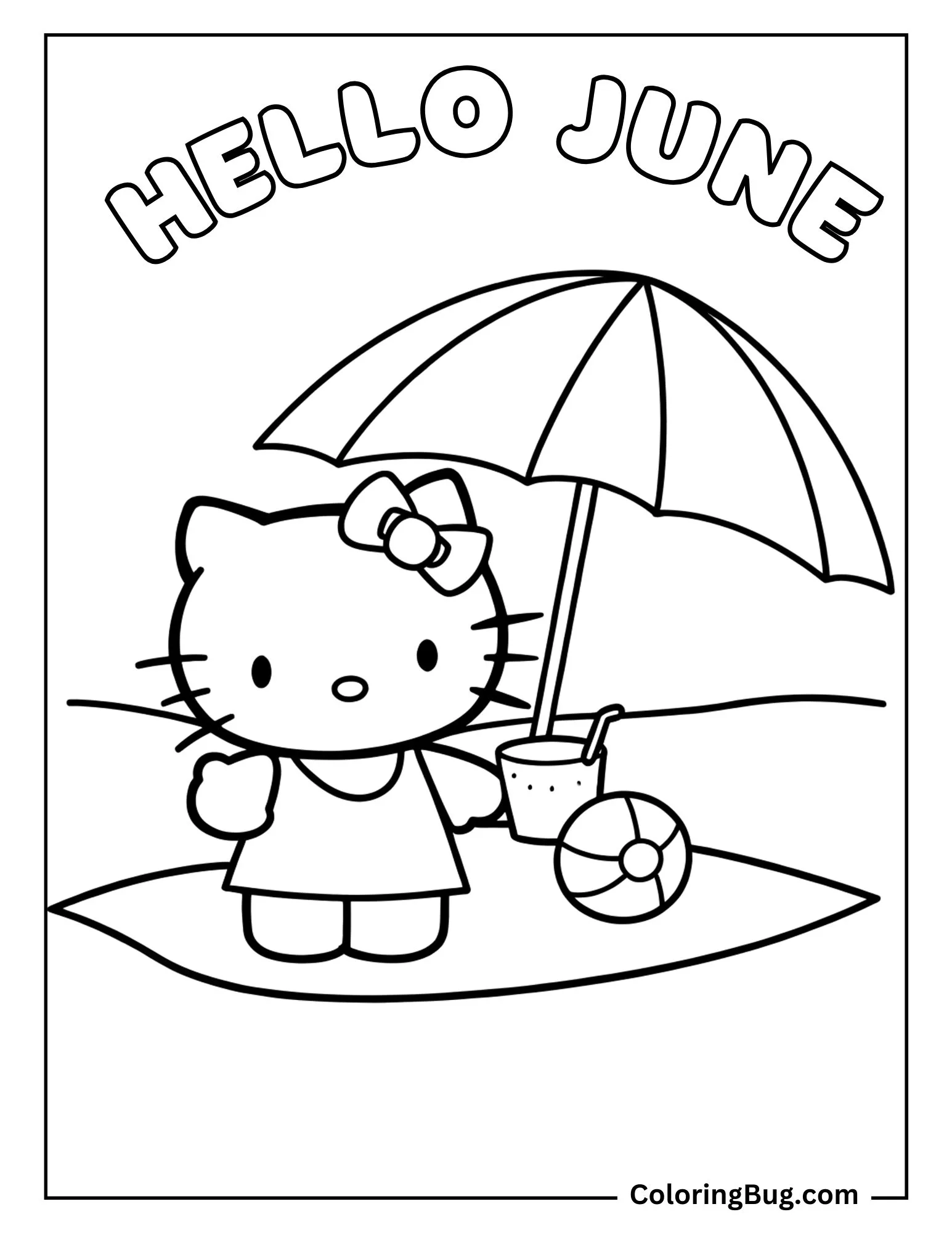Hello Kitty Standing Under Umbrella With Ball And Drink Coloring sheet