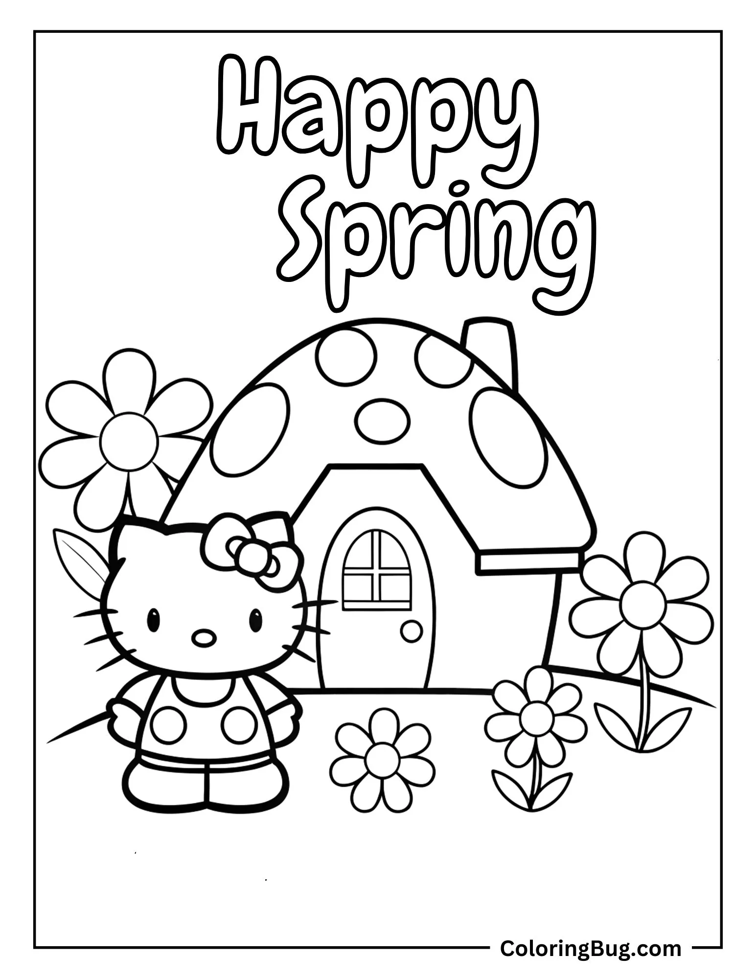 Hello Kitty Standing in Front of Mushroom House With Spring Blooming Flowers Coloring Sheet