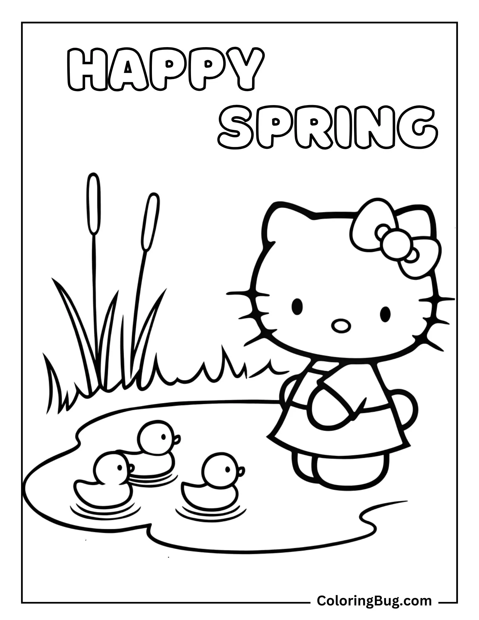 Hello Kitty Watching Ducklings Swimming in Pond During Spring Coloring Sheet