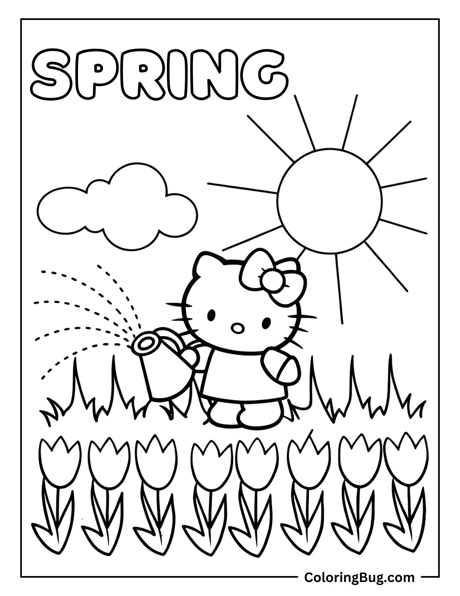 Hello Kitty Watering Tulips During Spring Coloring Sheet