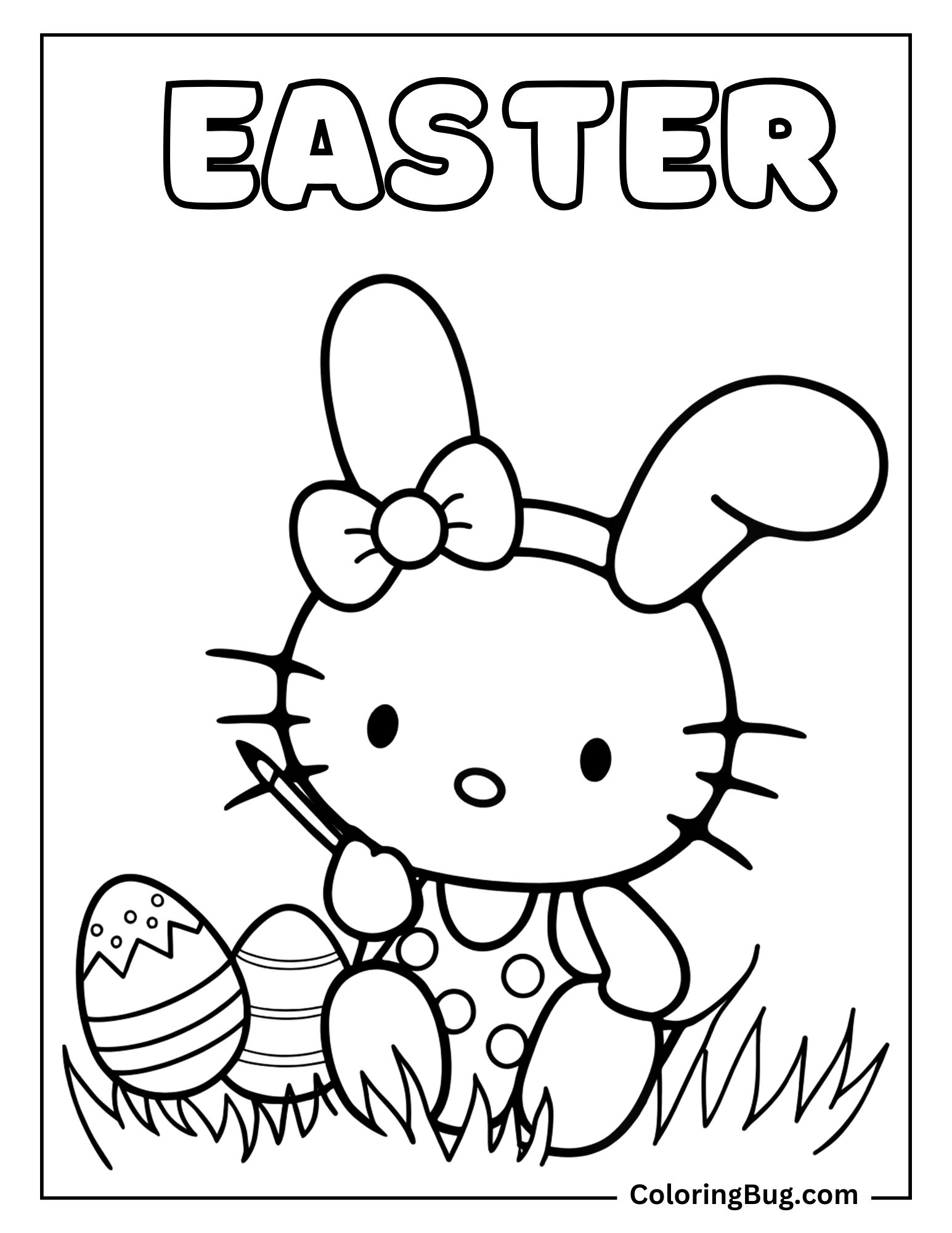 Hello Kitty Wearing Bunny Ears Decorating Easter Eggs Coloring Page