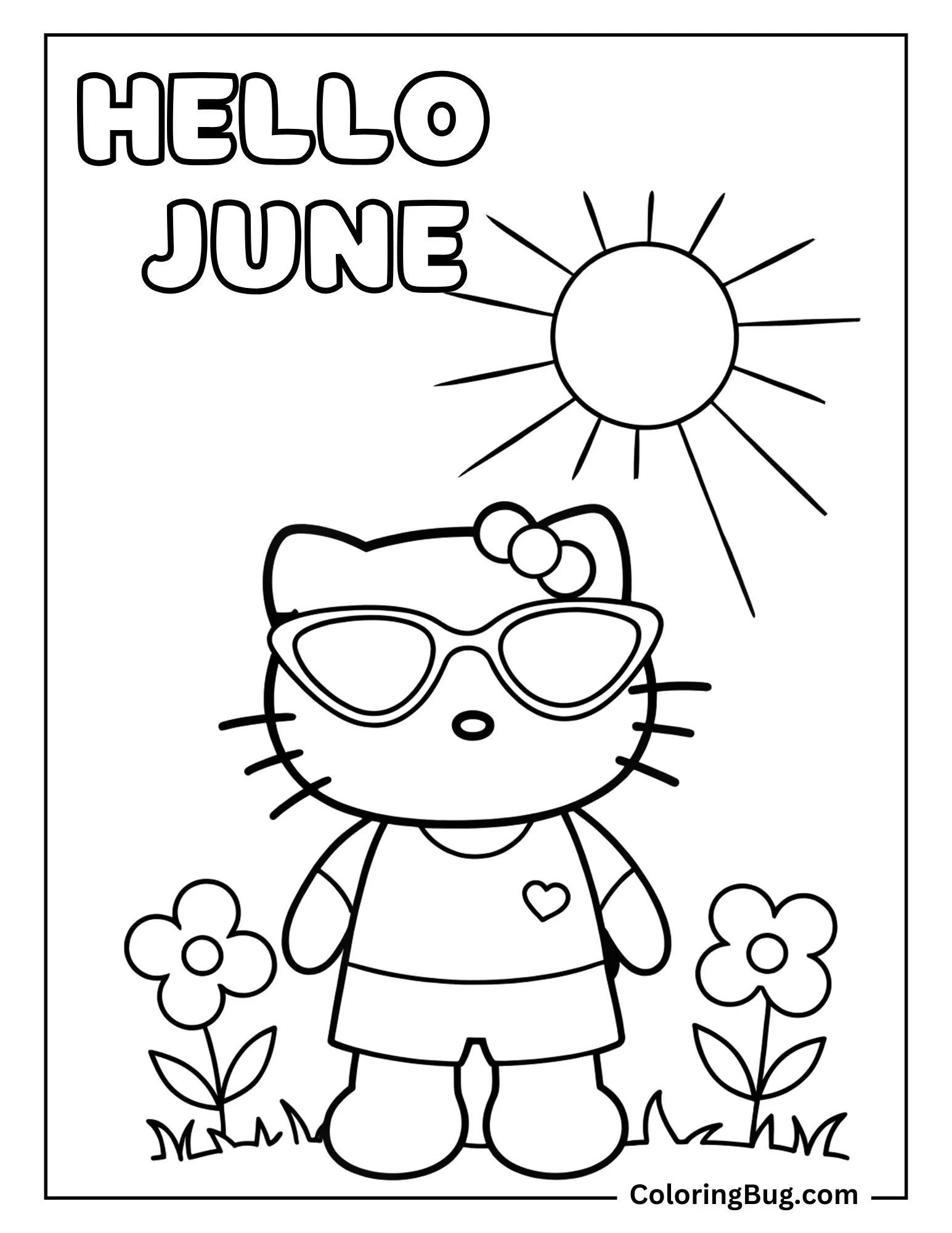 Hello Kitty Wearing Sun Glasses While The June Sun Bright Coloring sheet