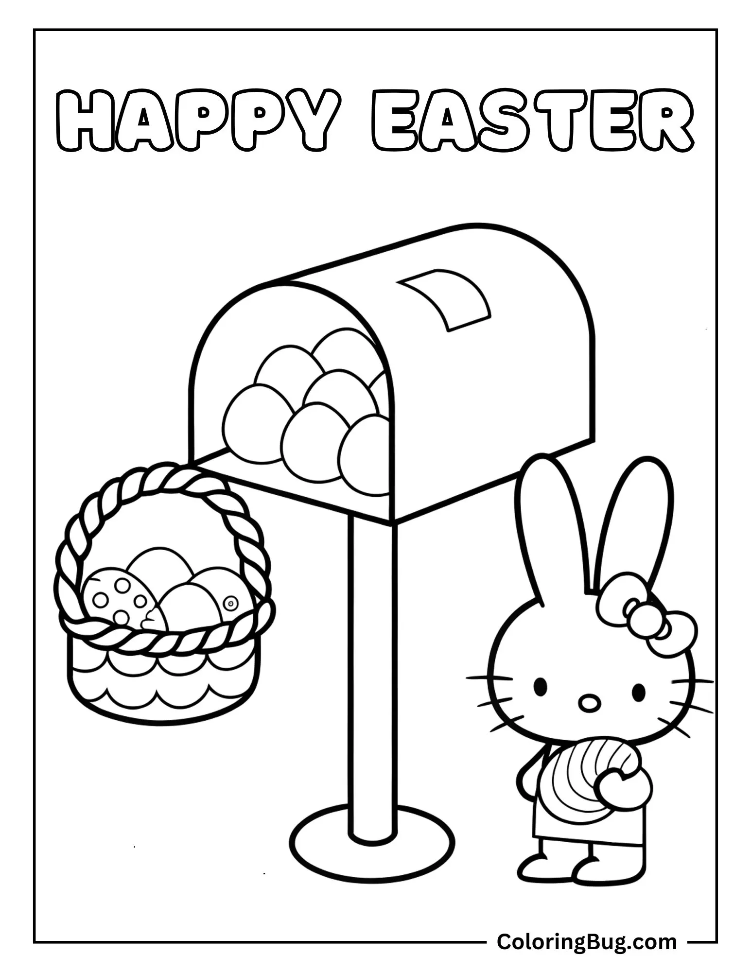 Hello Kitty With Bunny Ears Receiving Easter Eggs From Mail Box Coloring Sheet
