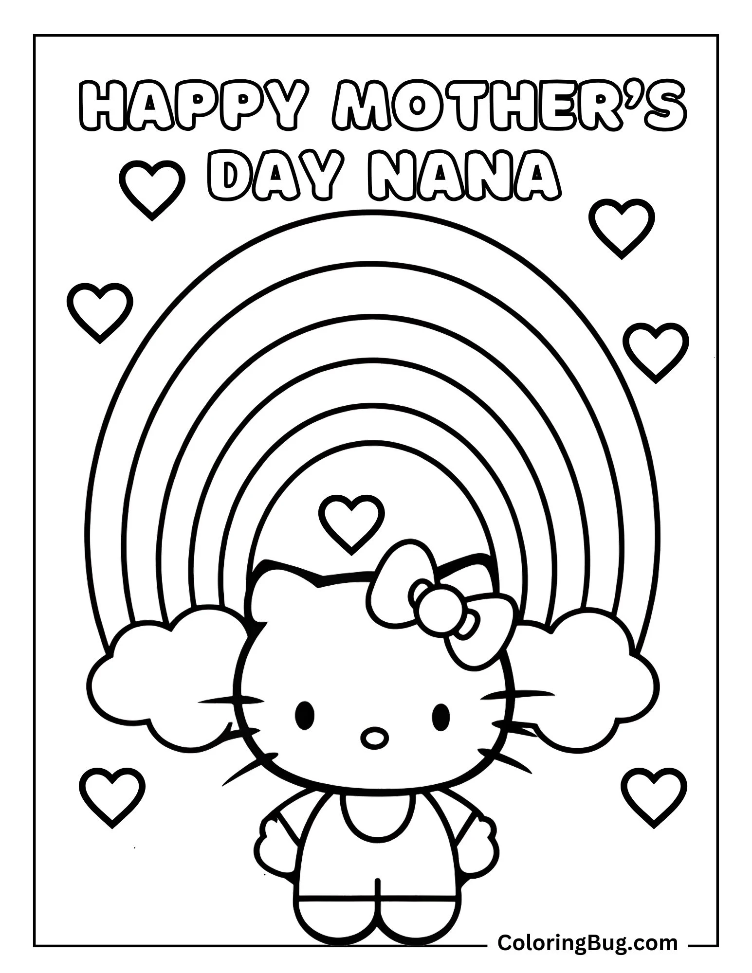Hello Kitty With Rainbow And Hearts Coloring Sheet