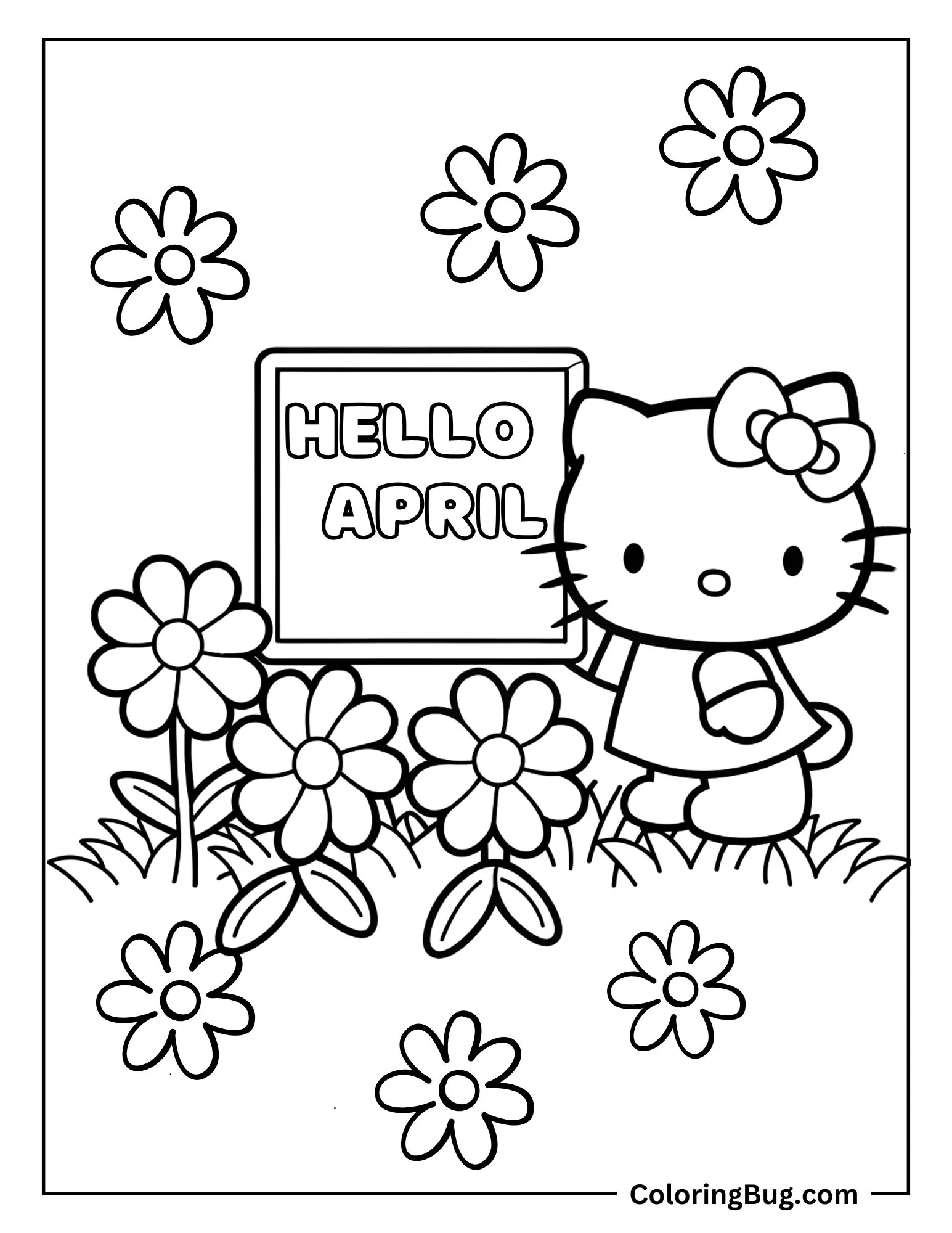 Hello Kitty in Garden With Hello April Board Coloring Sheet