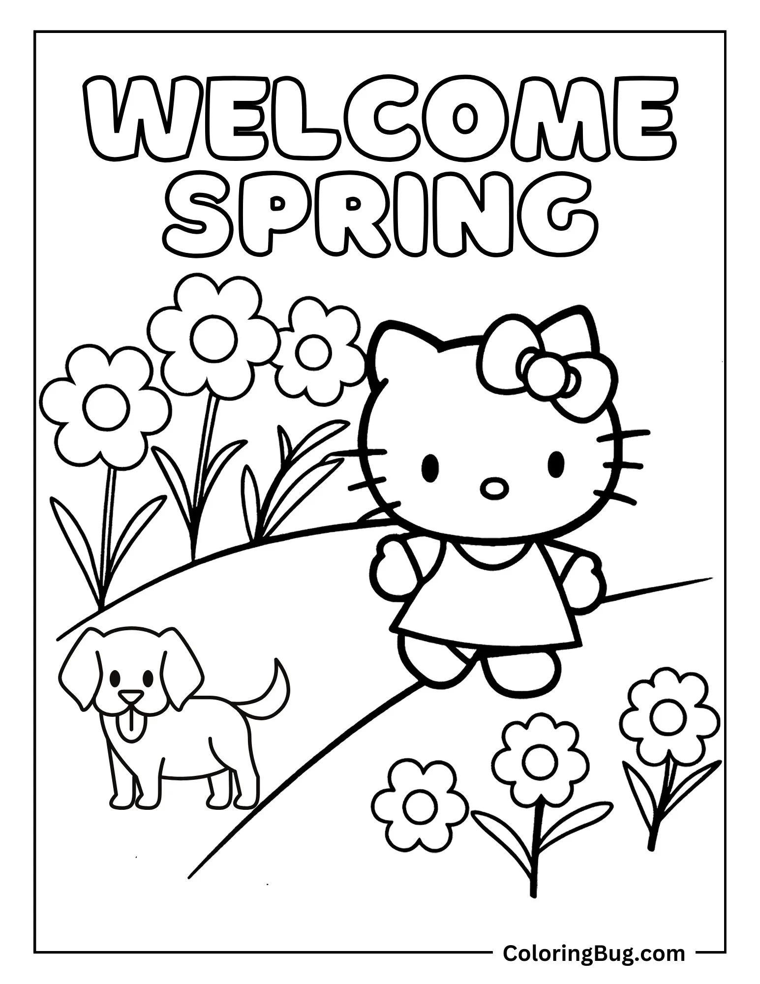 Hello Kitty on Walk in Spring Garden Coloring Sheet