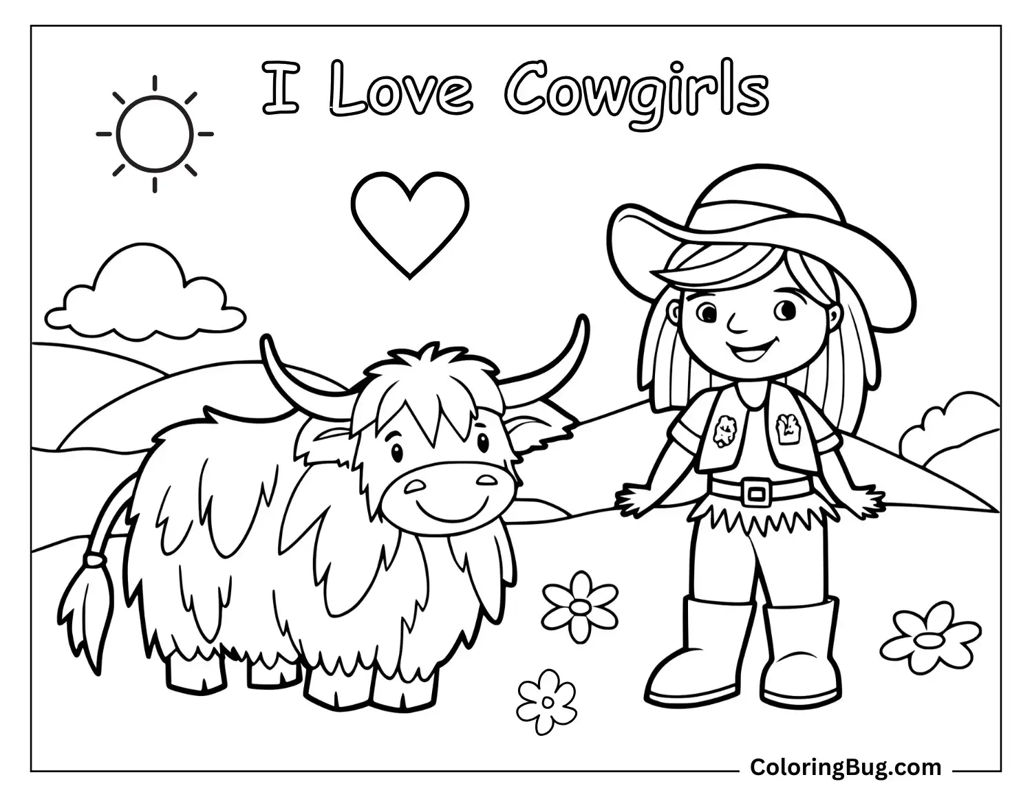Highland Cow With a Cowgirl Coloring Sheet