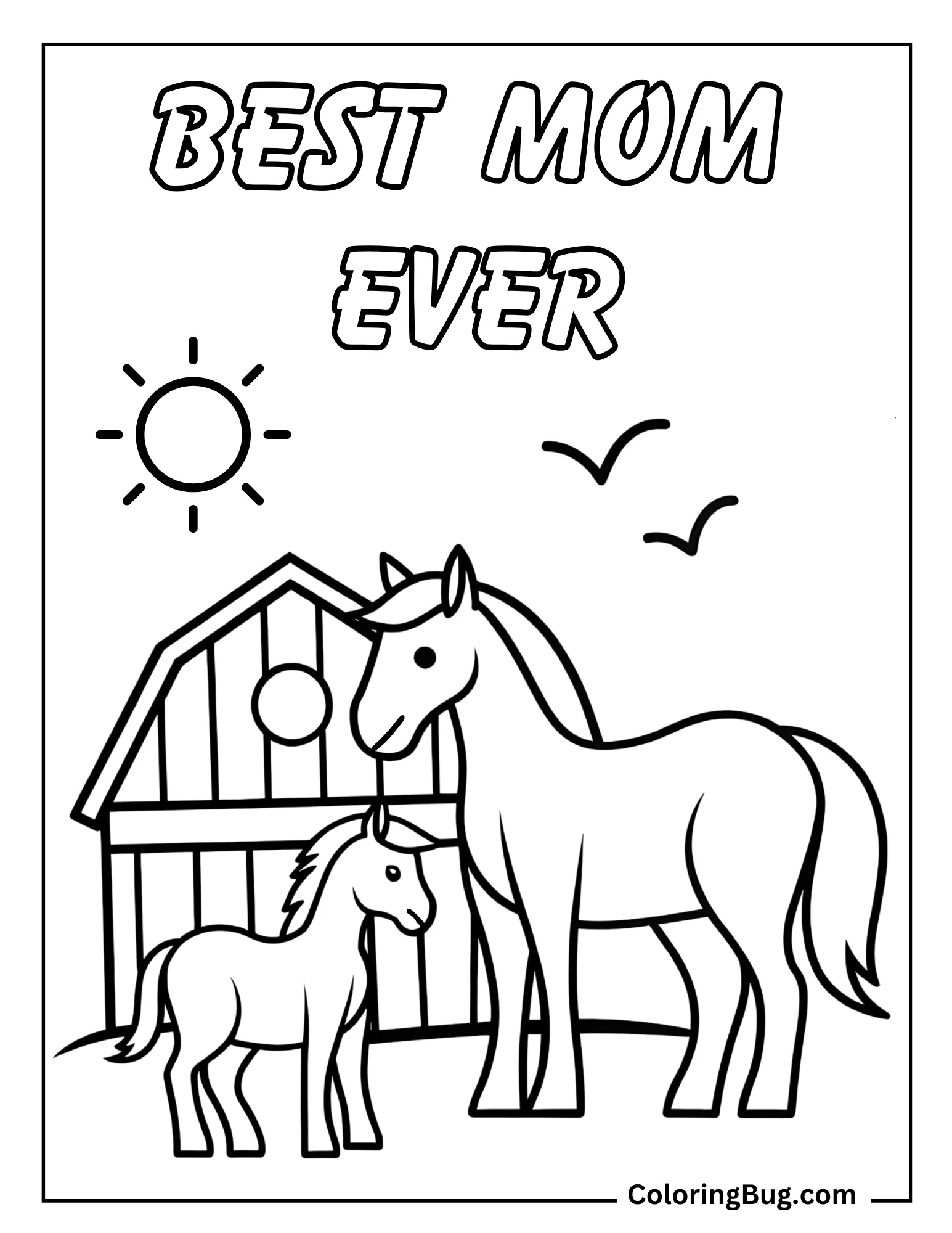 Horse Family Enjoying a Sunny Day By The Barn Coloring Sheet