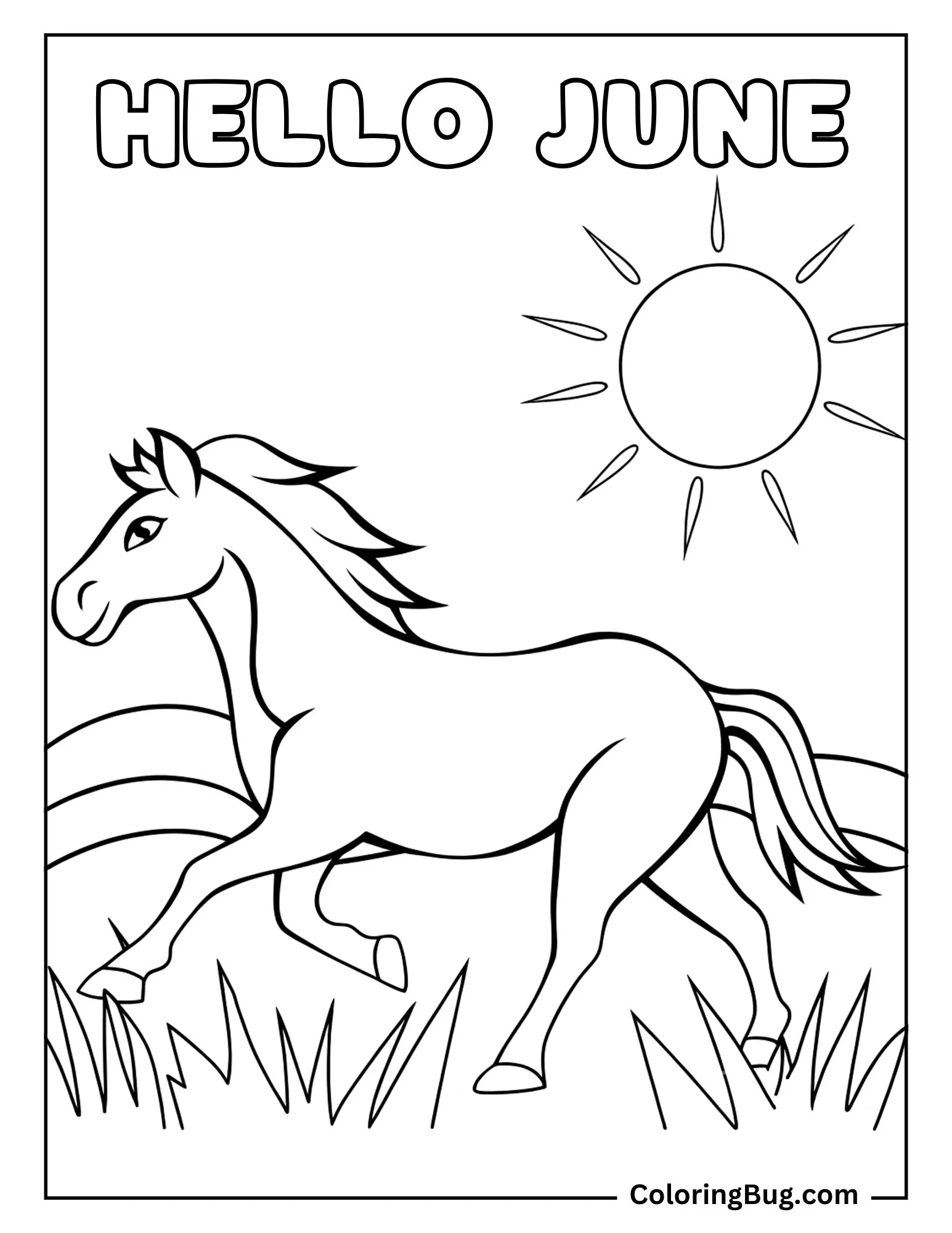 Horse Galloping Through a Wide Open Field Under the June Sun Coloring sheet