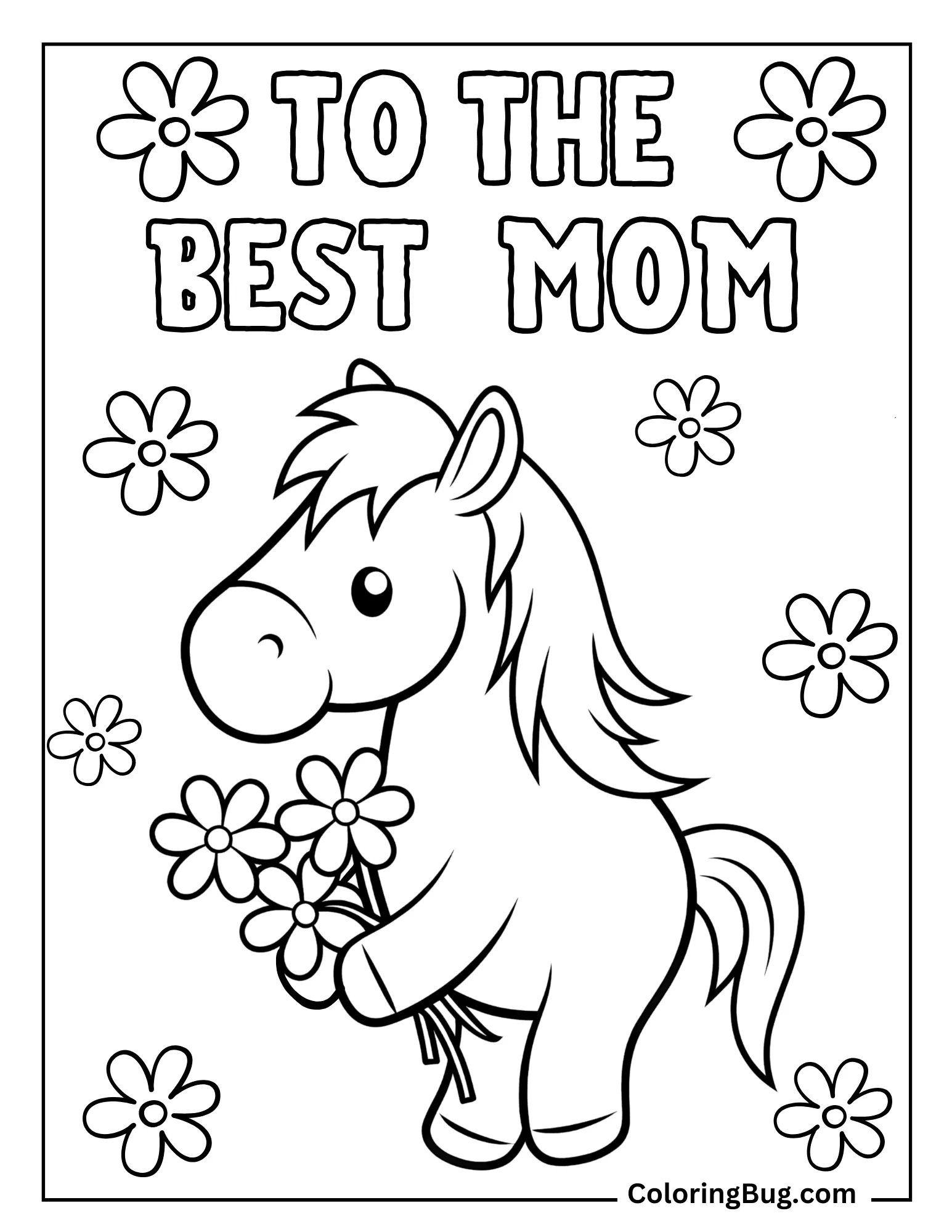 Horse Holding Flower Bouquet Coloring Sheet
