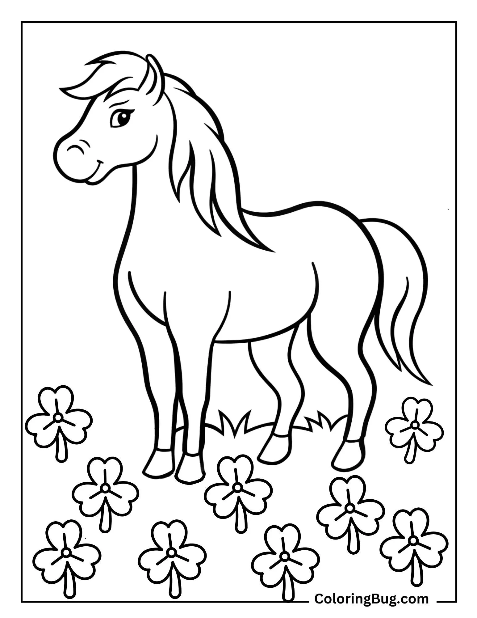 Horse In The Field Of Shamrocks Coloring Sheet