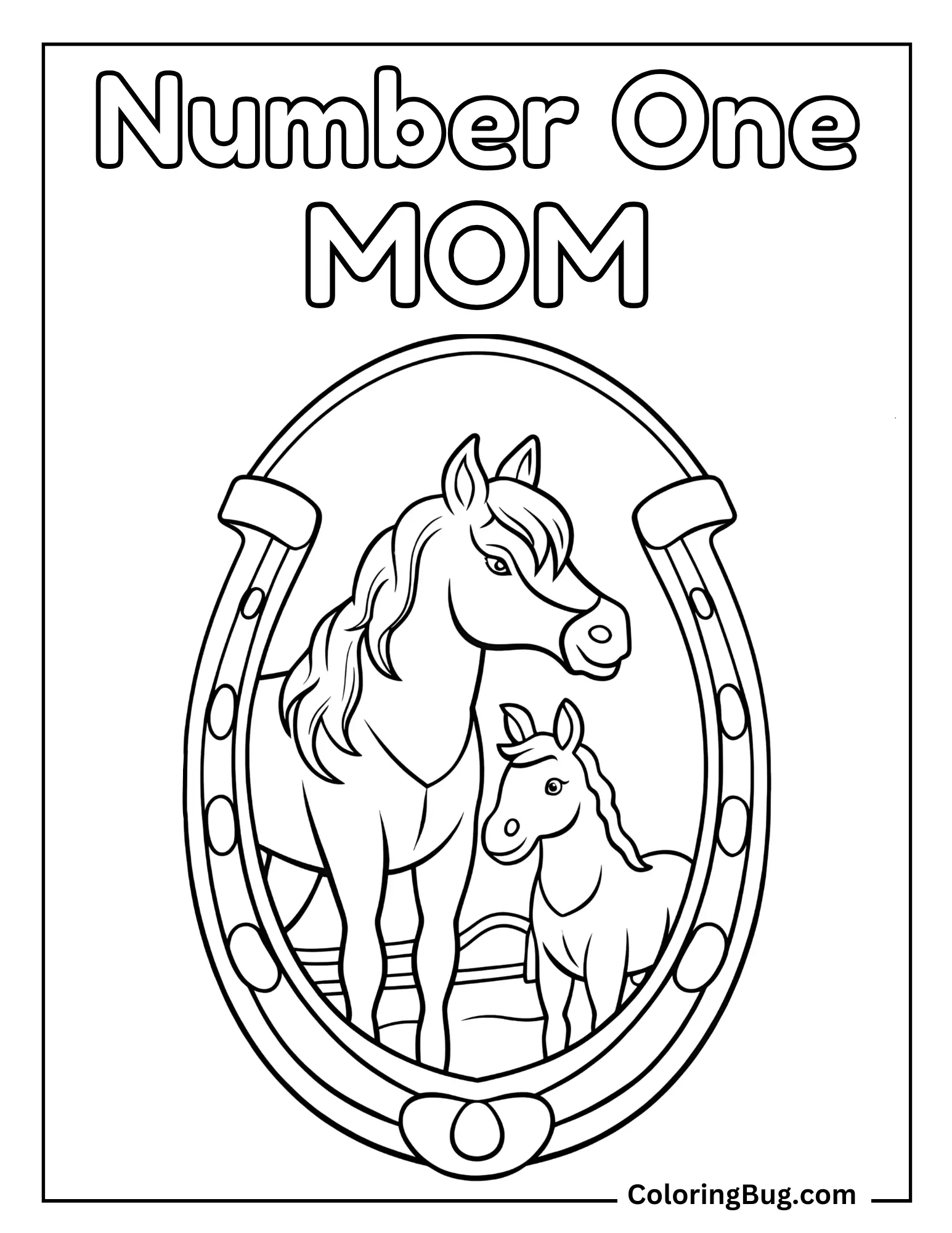 Horse Mom And Foal Holding Hooves In a Circle Coloring Sheet