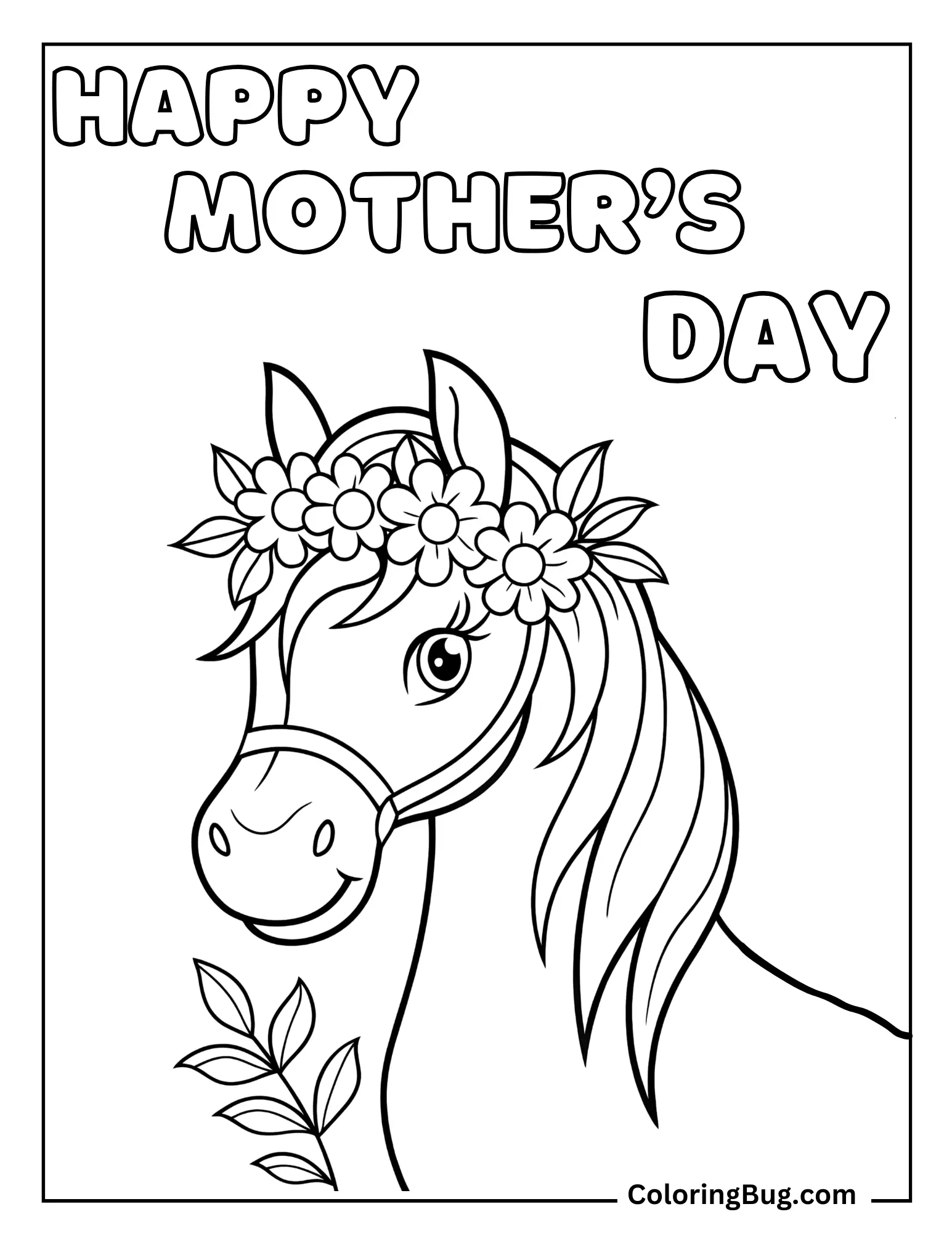 Horse Mom With a Crown Of Flowers Coloring Sheet