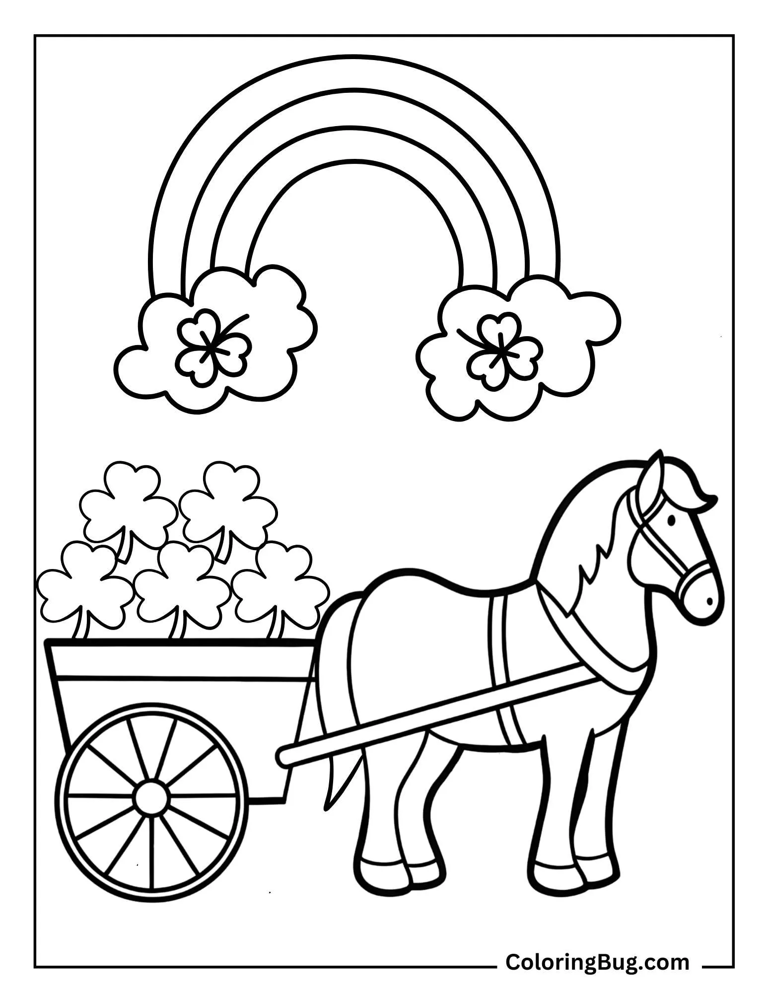 Horse Pulling a Cart Full Of Shamrocks Coloring Sheet