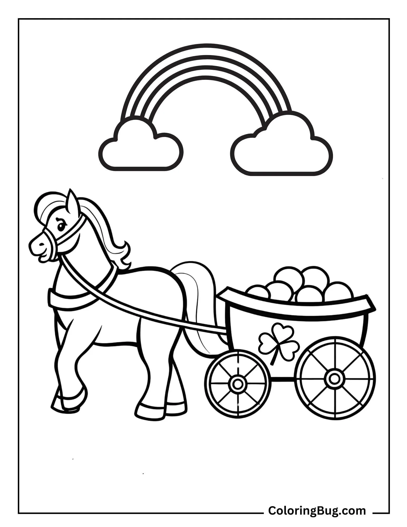 Horse Pulling a Leprechaun&rsquo;s Cart Filled With Gold Coloring Sheet