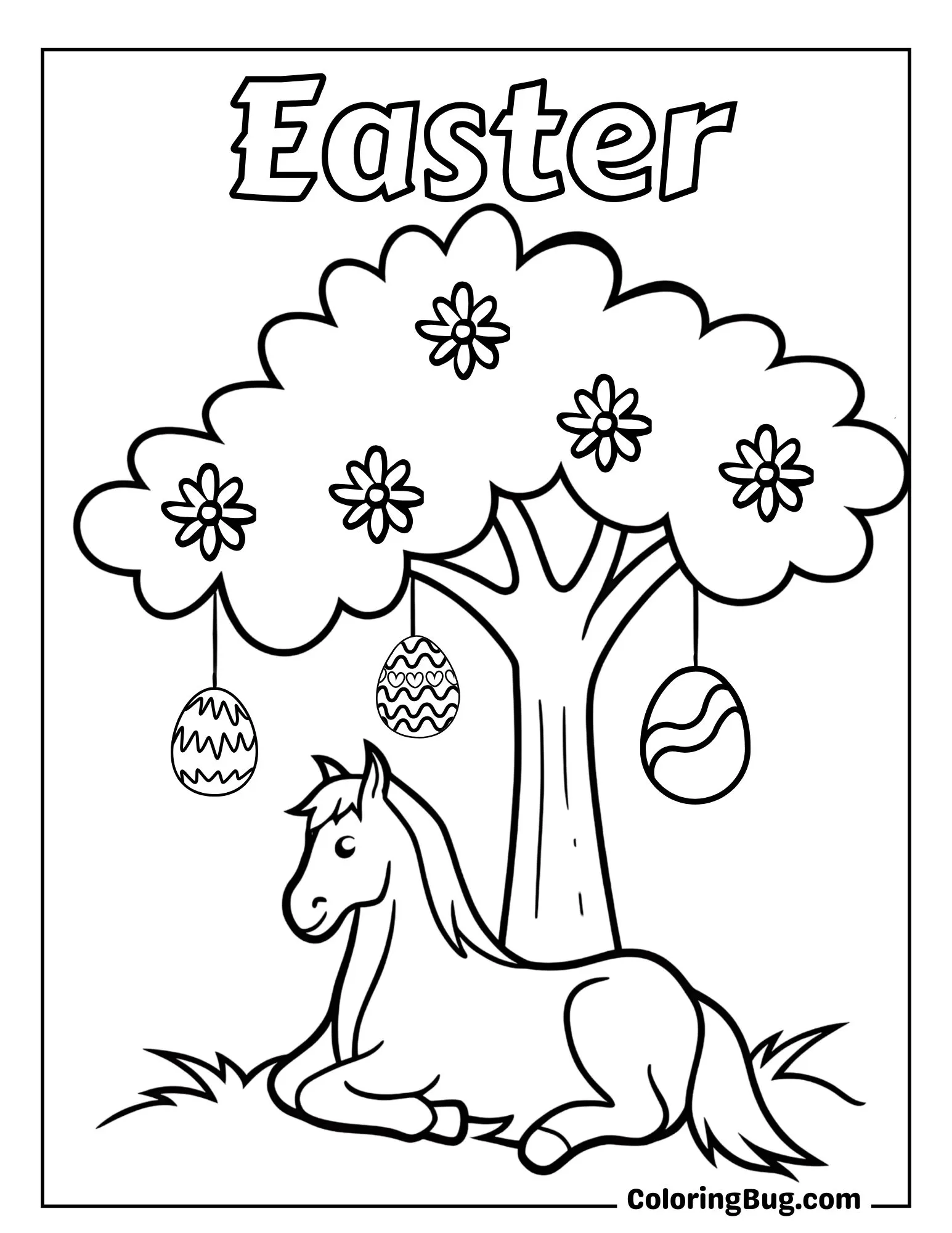 Horse Sitting Under a Tree with Easter Eggs Coloring Sheet